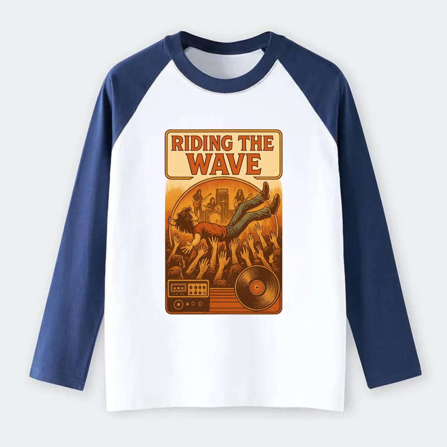 Crowd surfing at packed concert - "Riding the Wave" - concert energy - Raglan Long Sleeve T-Shirt - Blue