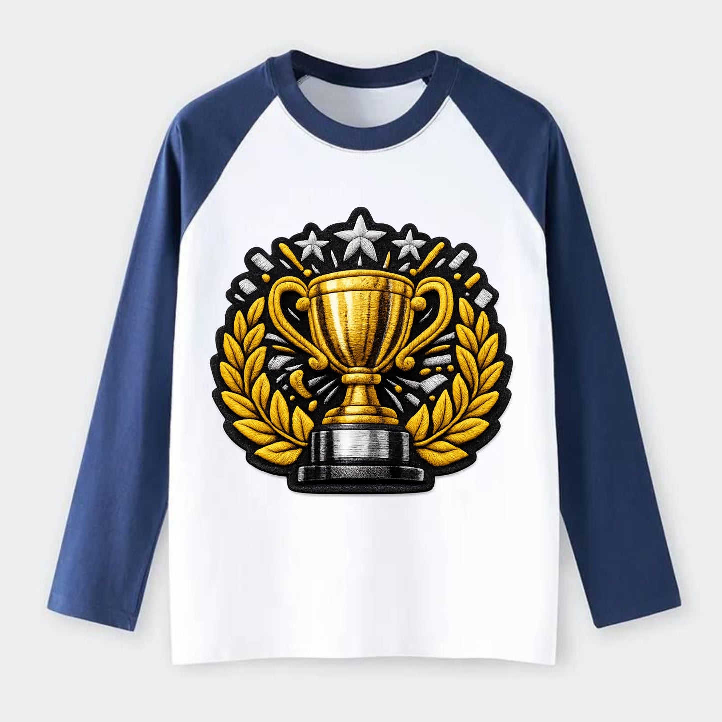 Embroidered patch design - CHAMPIONSHIP TROPHY - golden trophy cup - Raglan Long Sleeve T-Shirt - Blue