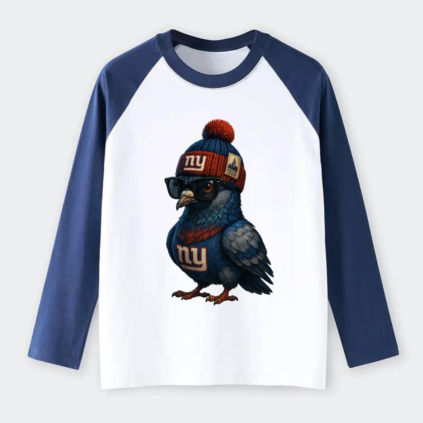 Manhattan Pigeon wearing Giants beanie with Empire State patch and - Raglan Long Sleeve T-Shirt - Blue