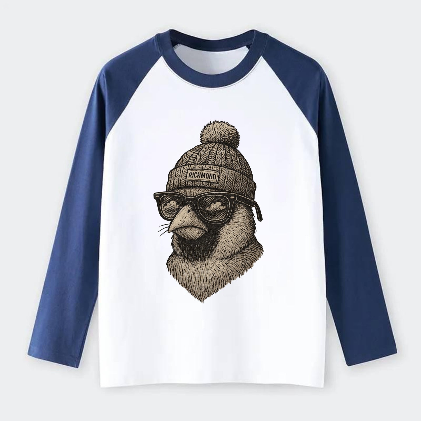Virginia Cardinal wearing Richmond beanie with pom pom and wayfarer - Raglan Long Sleeve T-Shirt - Blue