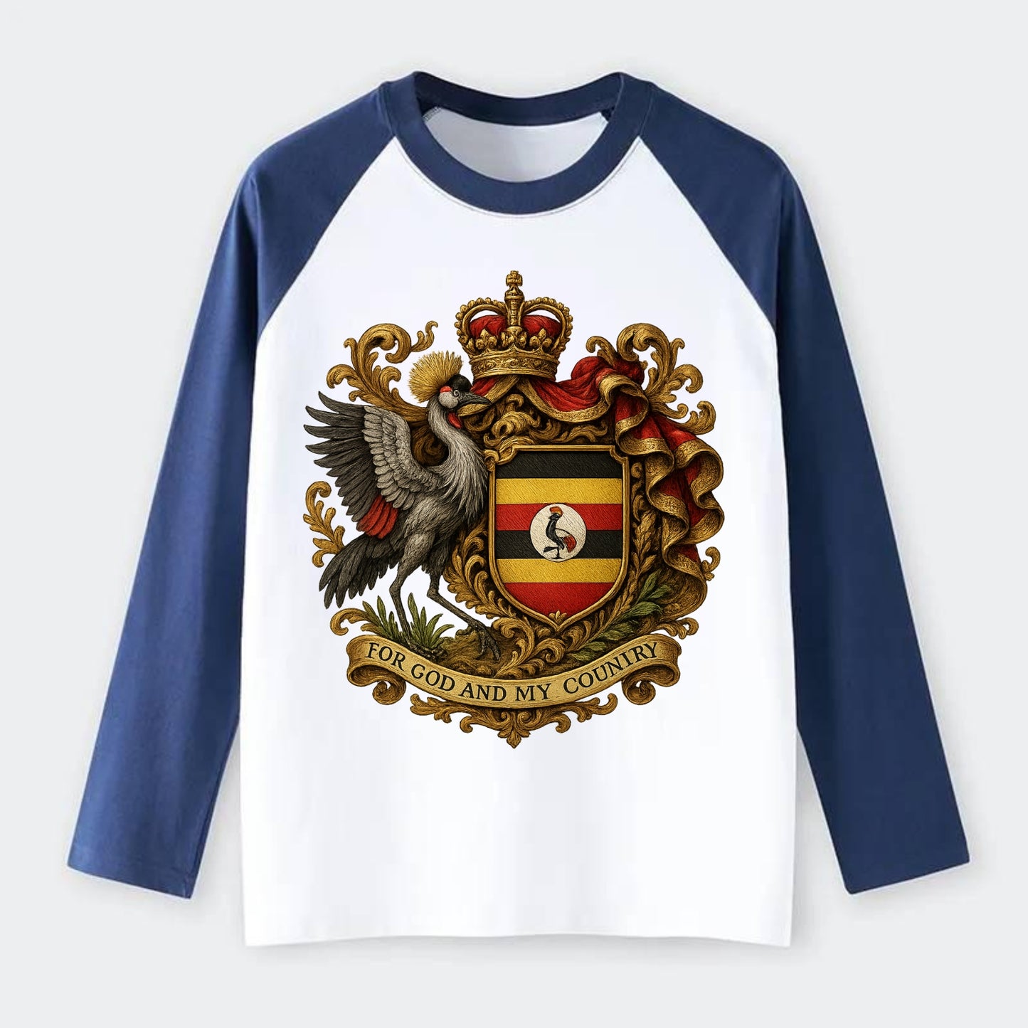 Uganda Crested Crane Emblem - Raglan Long Sleeve T-Shirt - Blue