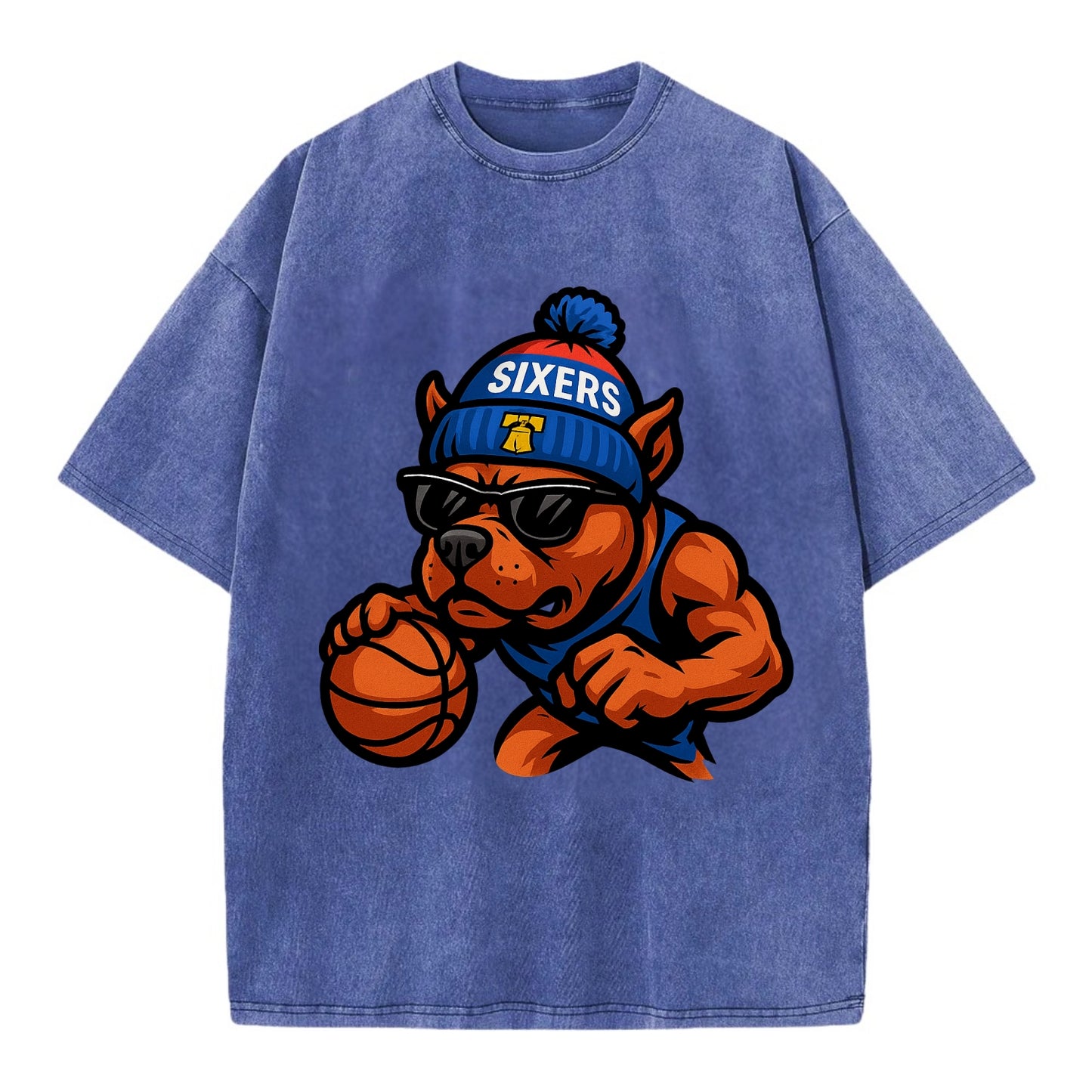 Philly Pitbull wearing Sixers beanie with Liberty Bell and wayfarer sunglasses - Vintage T-shirt - Blue