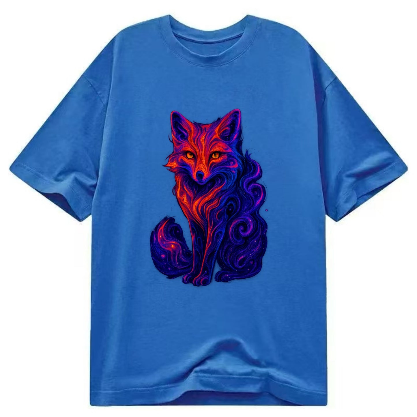 Clever fox with tail dissolving into cosmic nebula swirls, orange to purple - Classic T-shirt - Blue