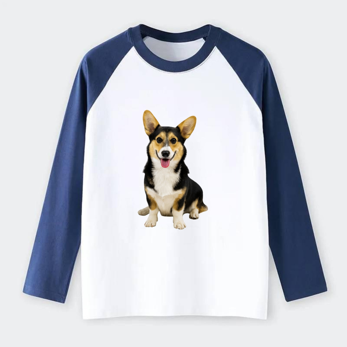 Tricolor Corgi - Raglan Long Sleeve T-Shirt - Blue