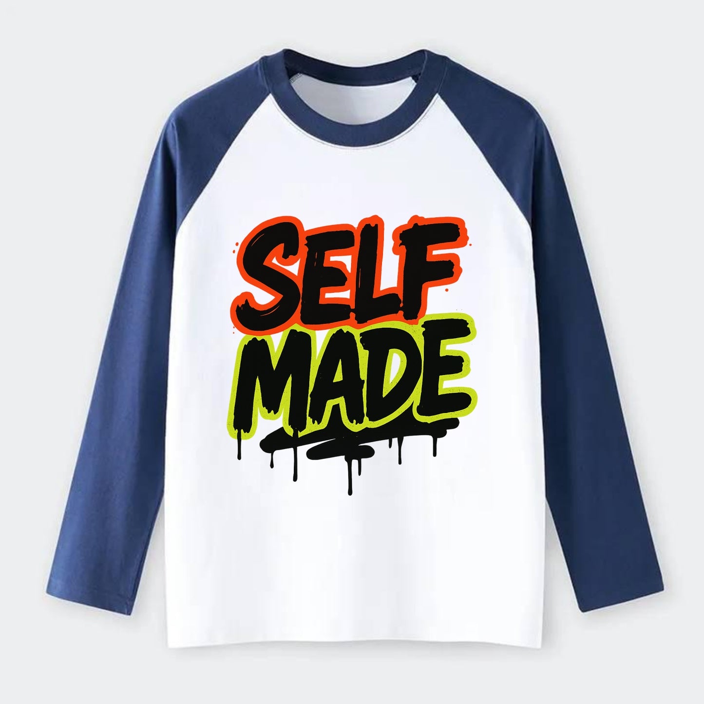 Bold typography design - "SELF MADE" - built from nothing, earned - Raglan Long Sleeve T-Shirt - Blue