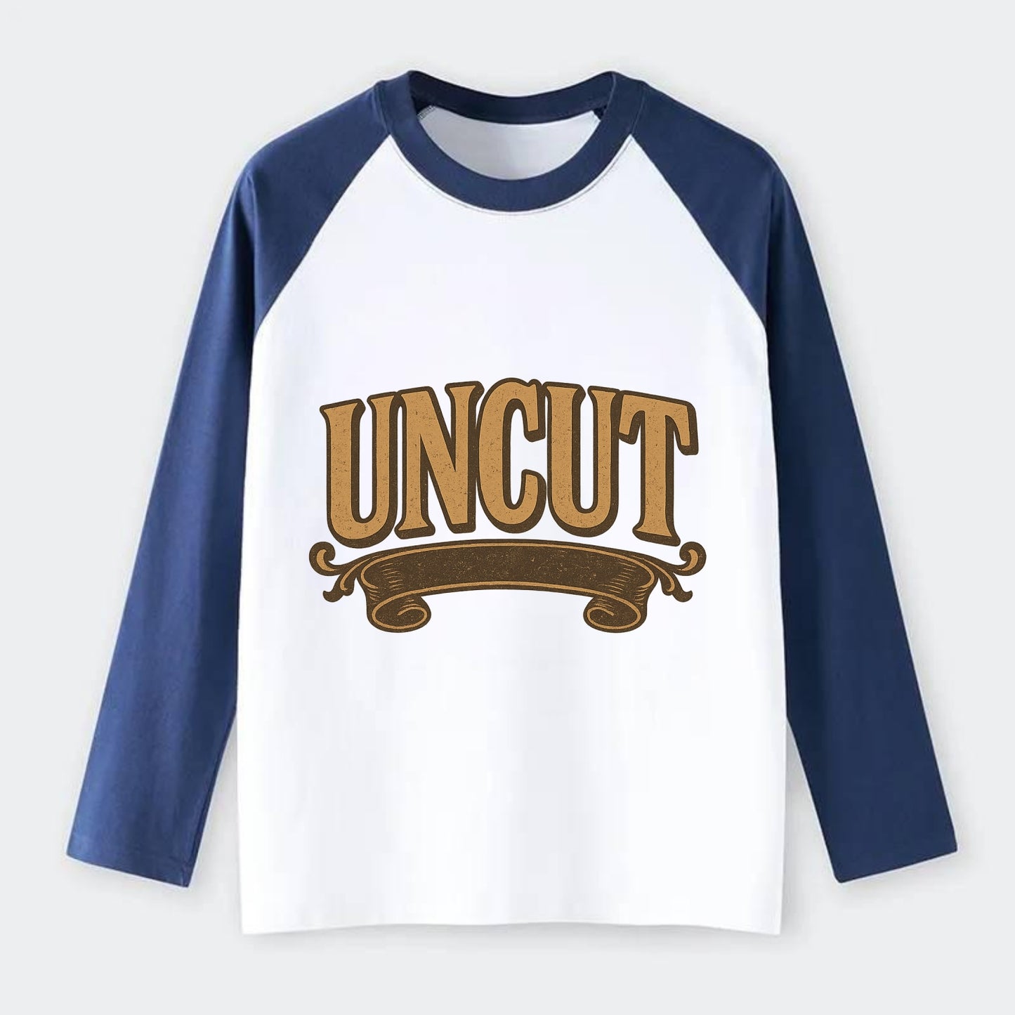 Bold typography design - "UNCUT" - pure, undiluted, authentic - Raglan Long Sleeve T-Shirt - Blue
