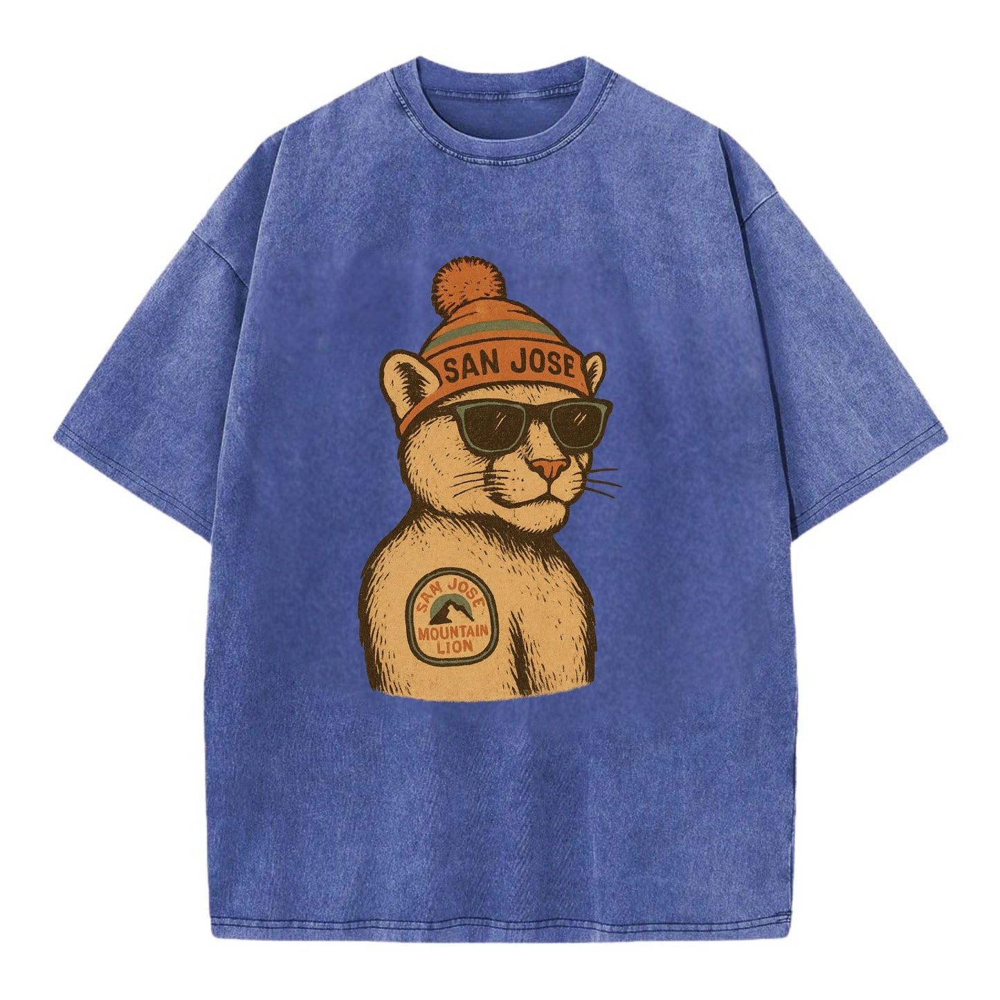 San Jose Mountain Lion wearing San Jose beanie with pom pom and wayfarer - Vintage T-shirt - Blue