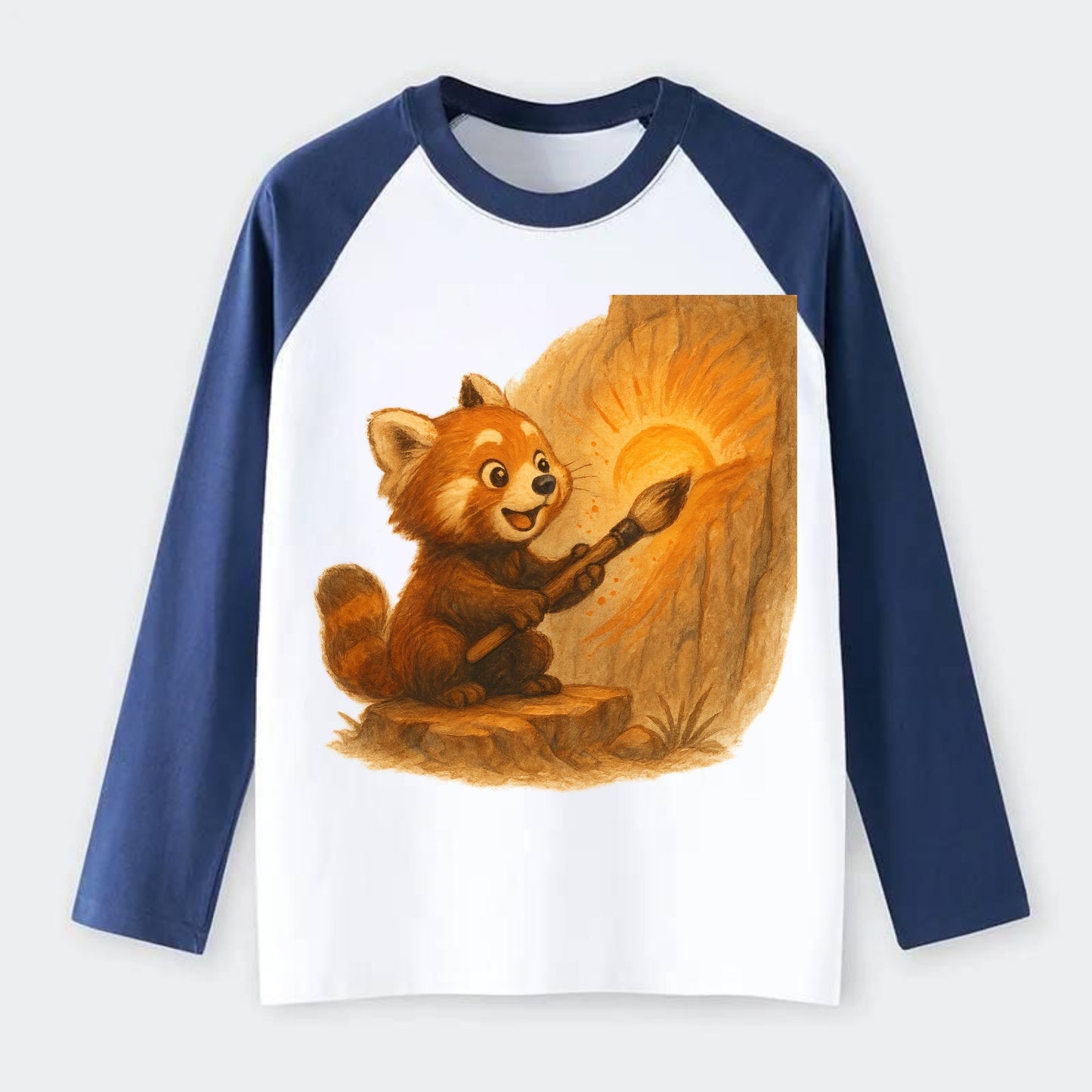 Red panda painting a sunrise mural with an oversized calligraphy brush - Raglan Long Sleeve T-Shirt - Blue
