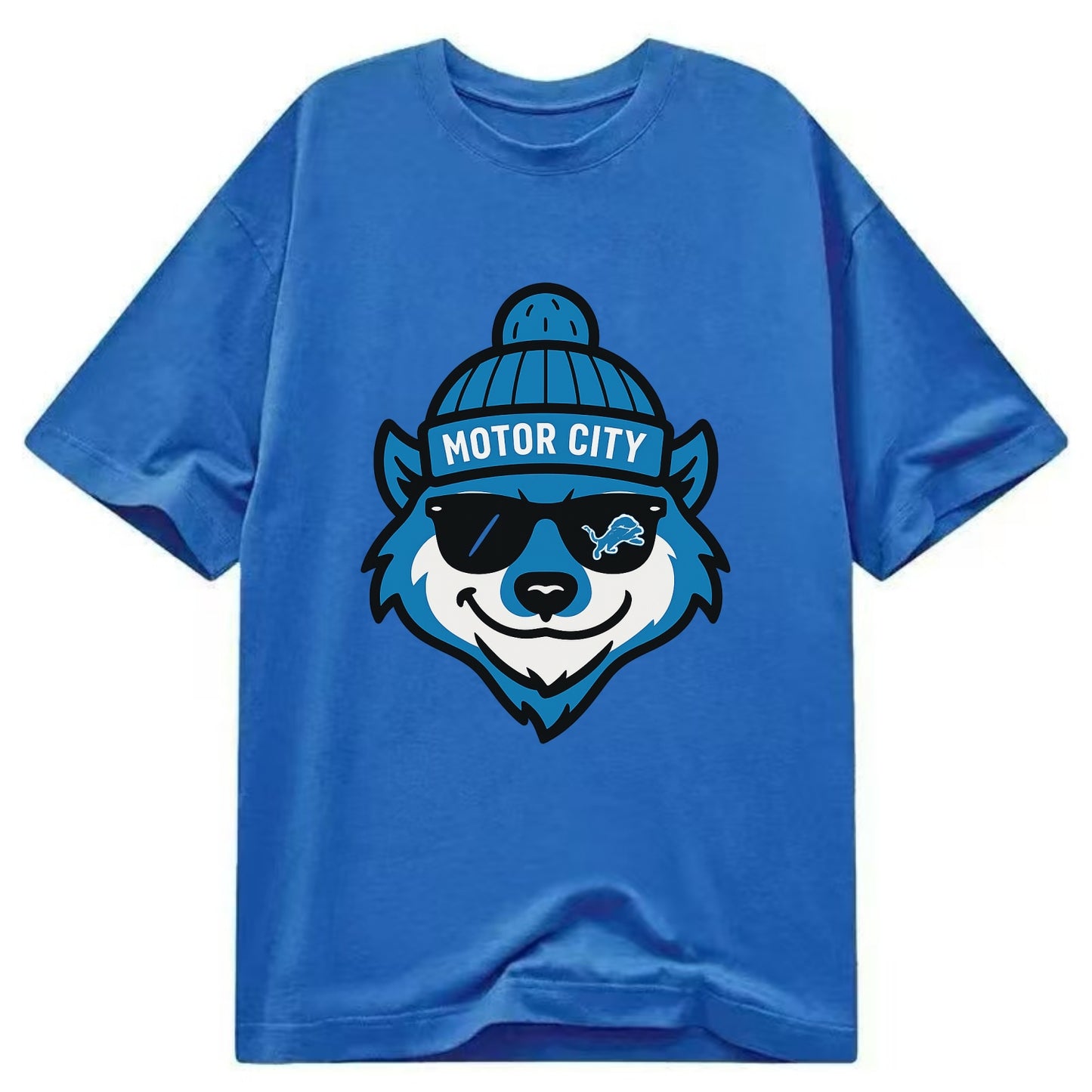 Motor City Wolverine wearing Lions beanie with gear patch and wayfarer sunglasses - Classic T-shirt - Blue