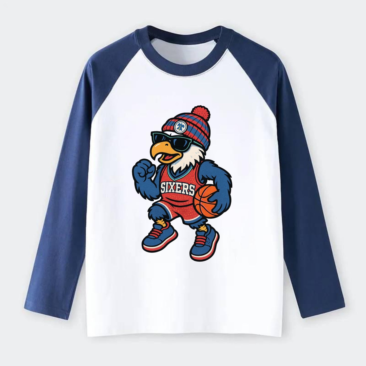 Philadelphia Eagle wearing 76ers red white and blue beanie with bell - Raglan Long Sleeve T-Shirt - Blue