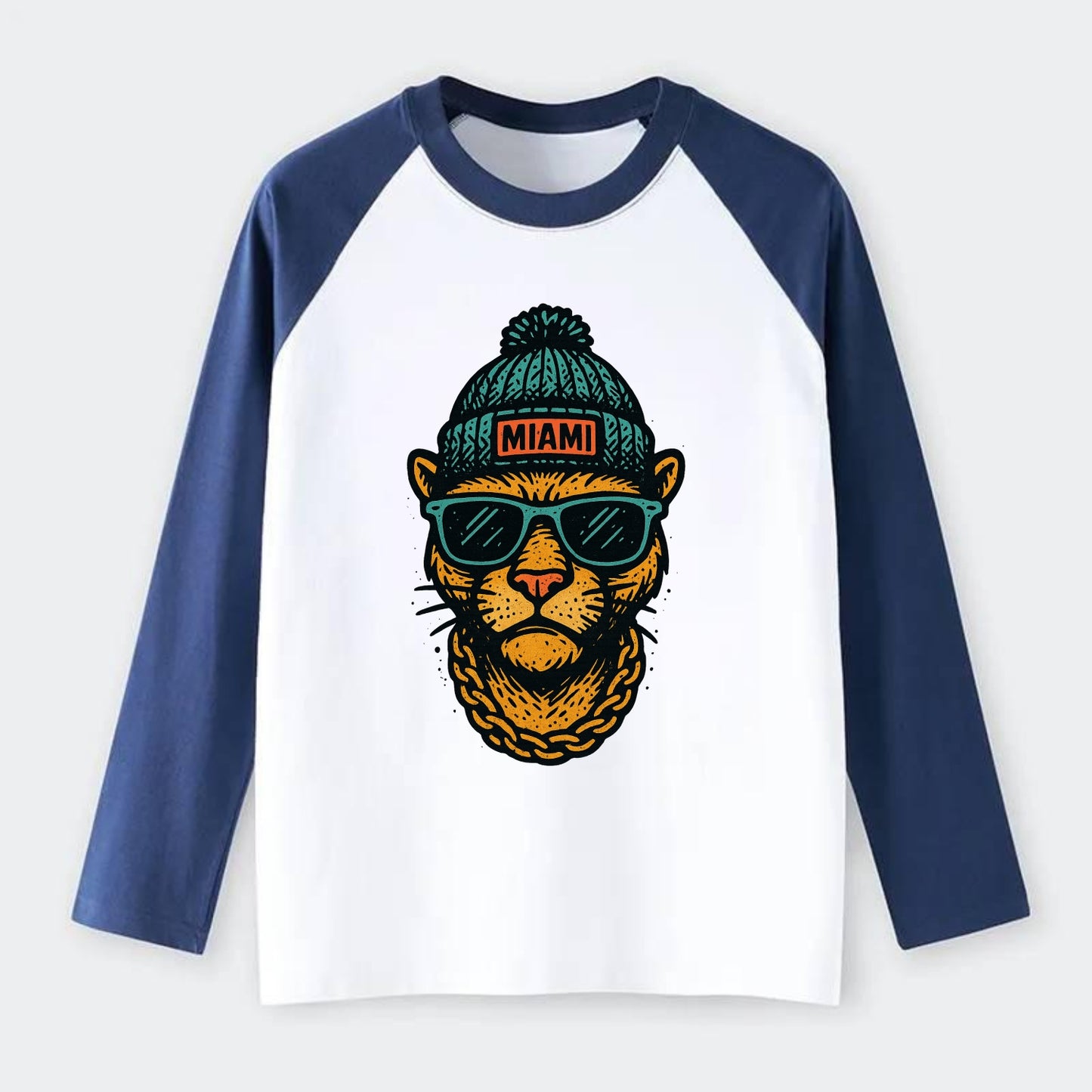 Florida Panther wearing Miami beanie with pom pom and wayfarer - Raglan Long Sleeve T-Shirt - Blue