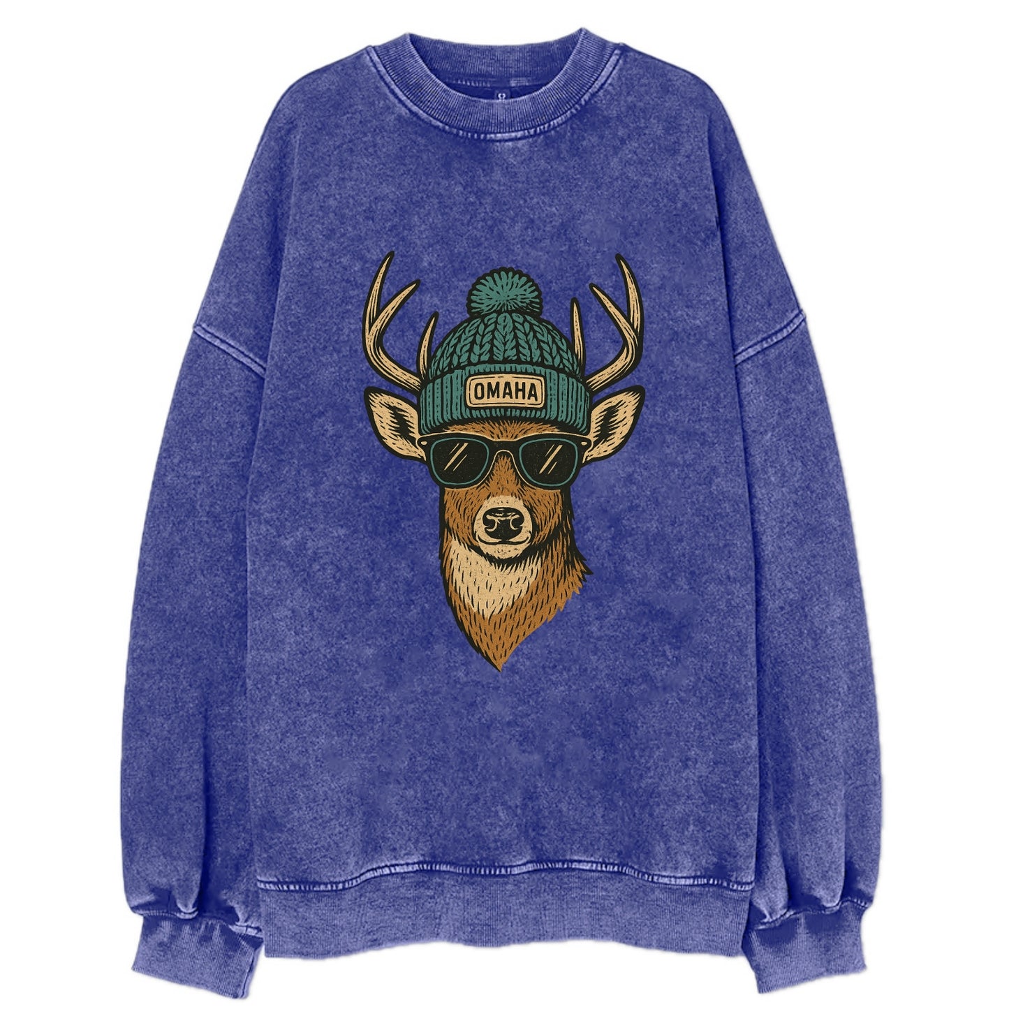 Nebraska White-tailed Deer wearing Omaha beanie with pom pom and wayfarer - Vintage Sweatshirt - Blue