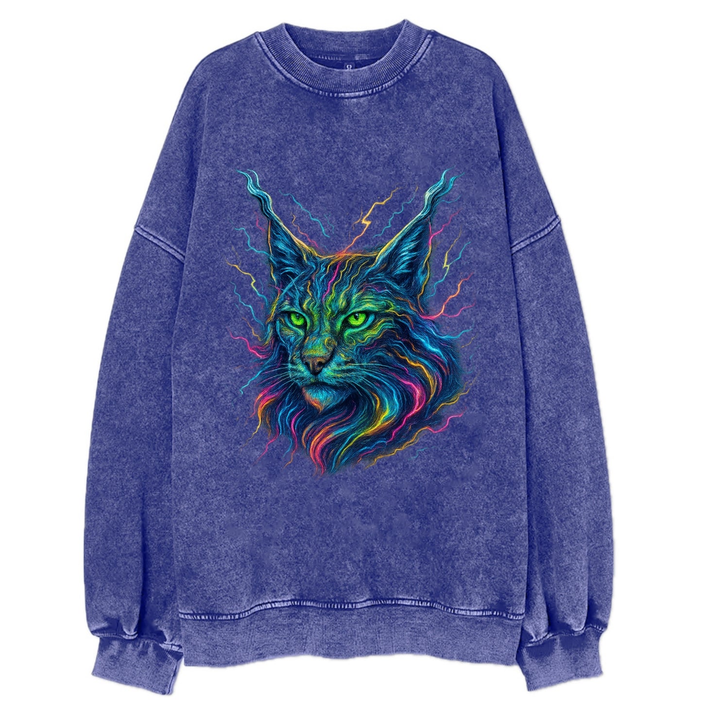 Wild lynx with ear tufts transforming into liquid mercury flows, silver and - Vintage Sweatshirt - Blue
