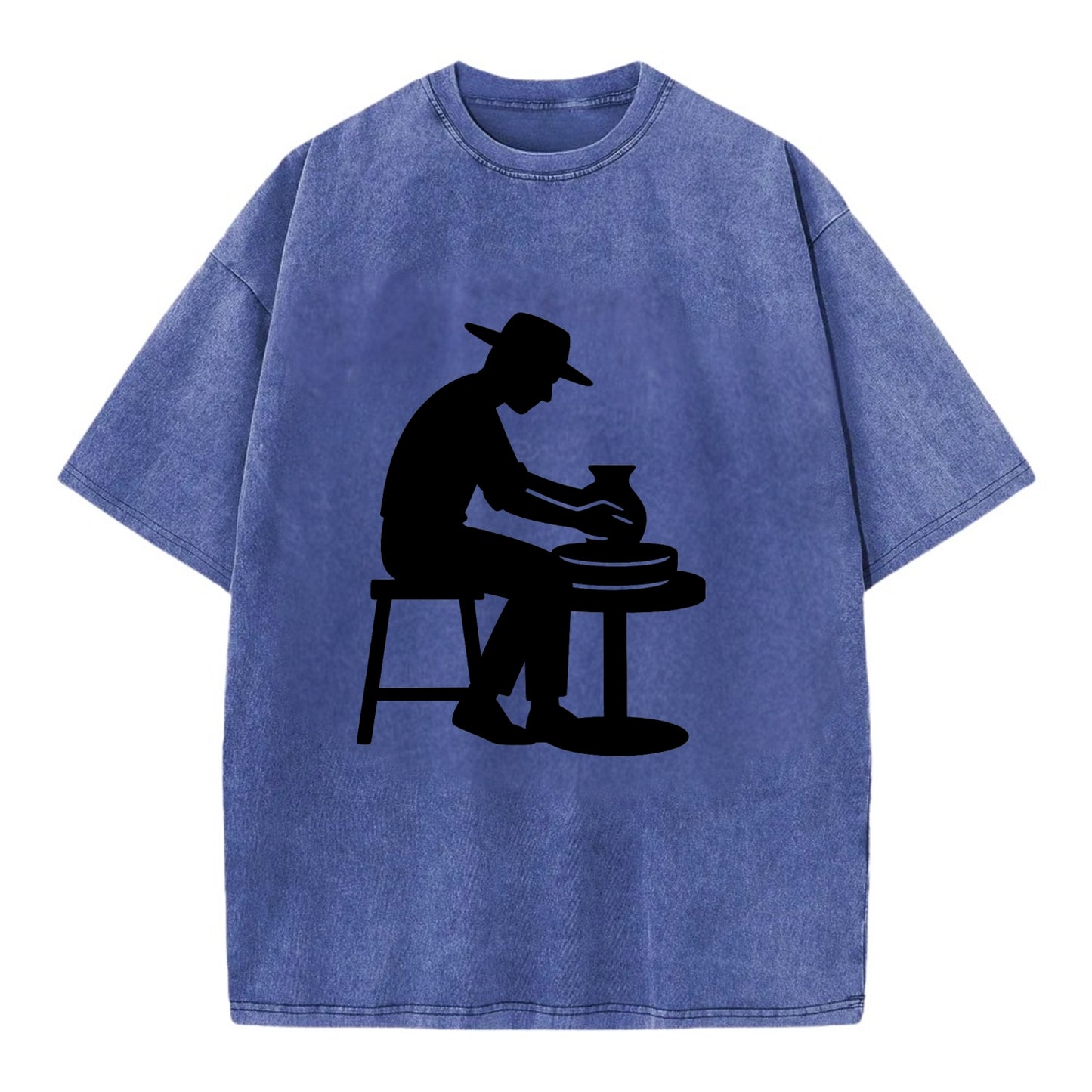 Potter shaping clay on wheel - Vintage T-shirt - Blue
