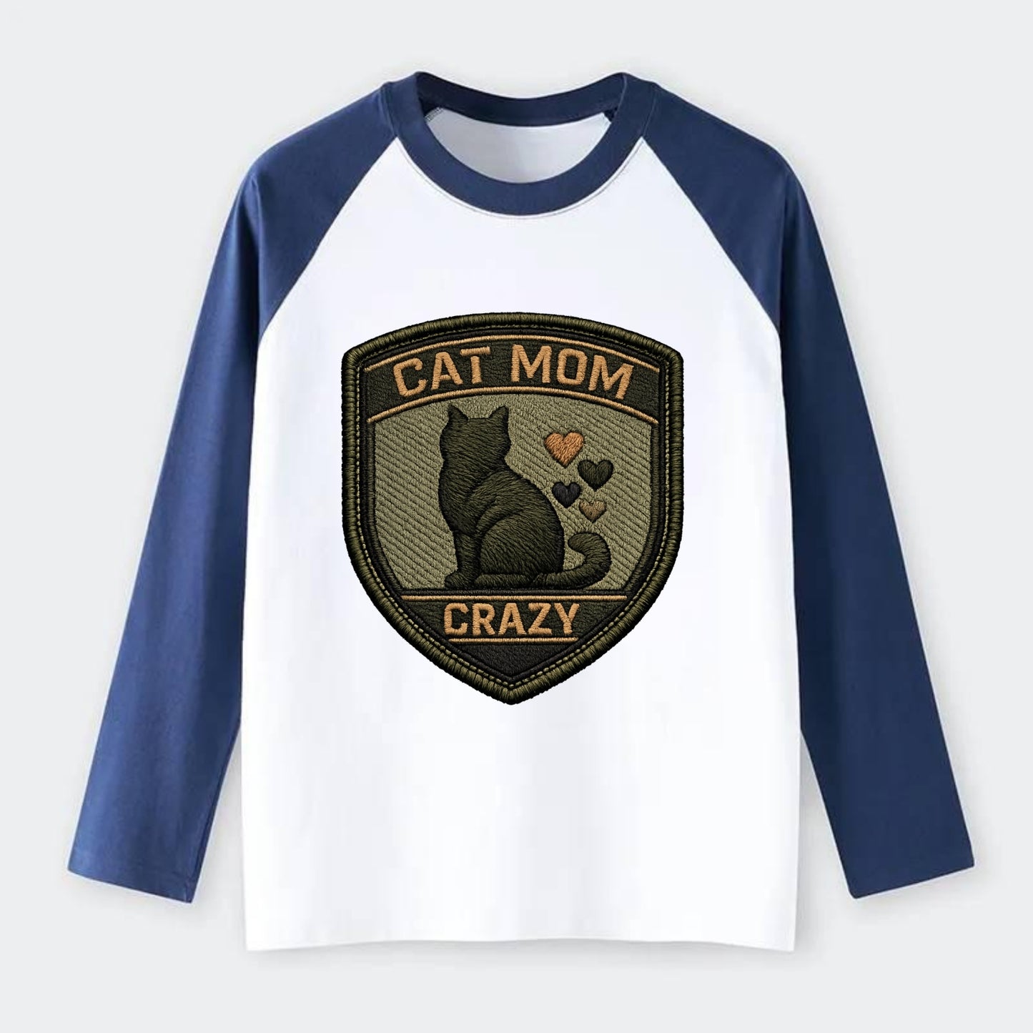 CAT MOM CRAZY - cat silhouette with hearts in purple , cat lady - Raglan Long Sleeve T-Shirt - Blue