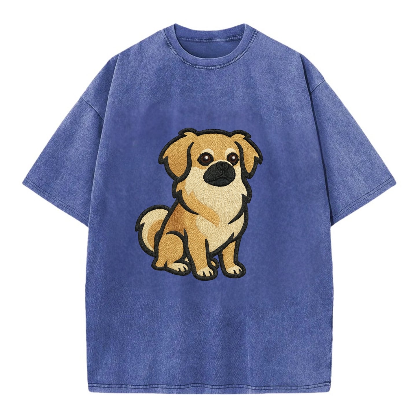 Tibetan Spaniel - Fawn small dog embroidered design - Vintage T-shirt - Blue