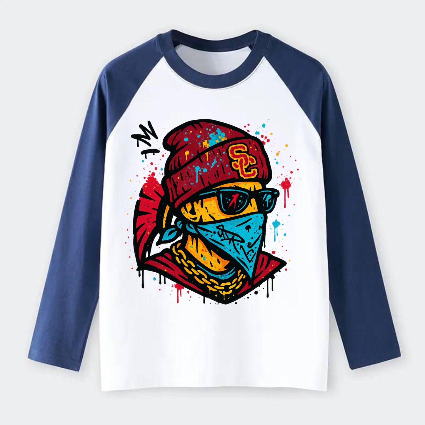 Los Angeles Trojan wearing USC beanie with SC patch - Raglan Long Sleeve T-Shirt - Blue
