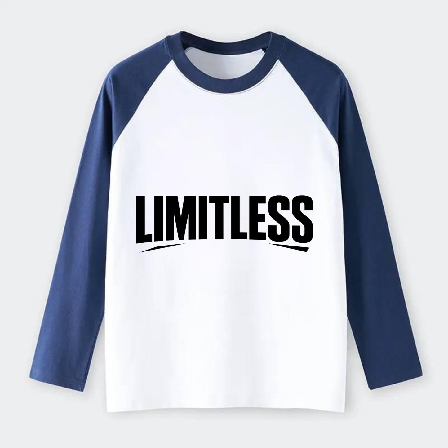 Bold typography design - "LIMITLESS" - no boundaries, infinite - Raglan Long Sleeve T-Shirt - Blue