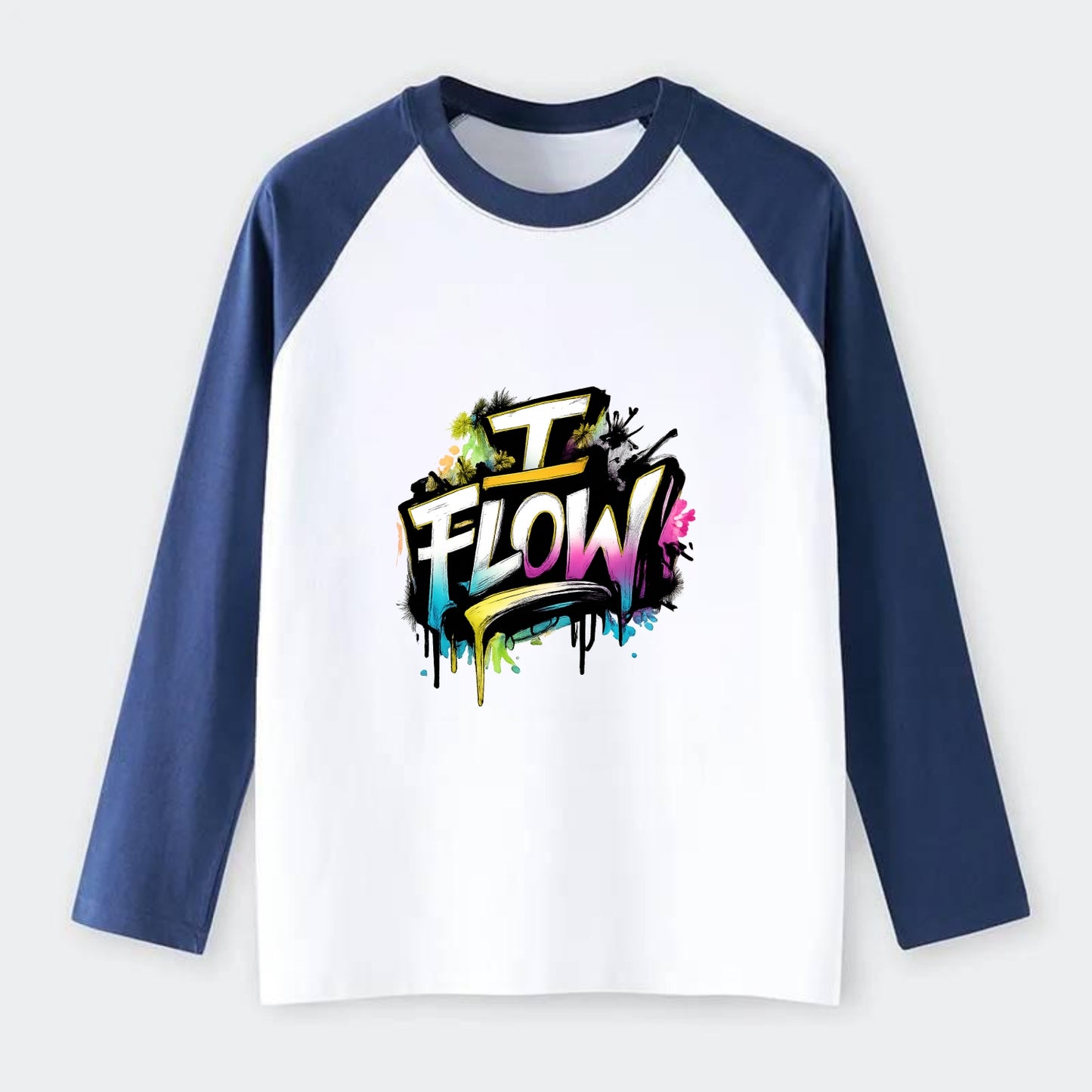 Bold typography design - "I FLOW" - going with life, easy movement - Raglan Long Sleeve T-Shirt - Blue