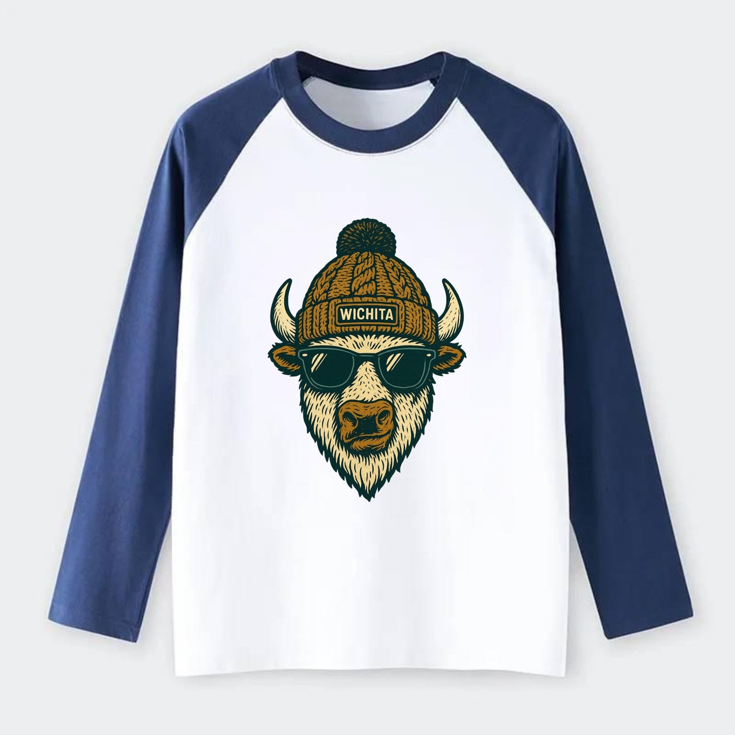 Kansas American Bison wearing Wichita beanie with pom pom and wayfarer - Raglan Long Sleeve T-Shirt - Blue