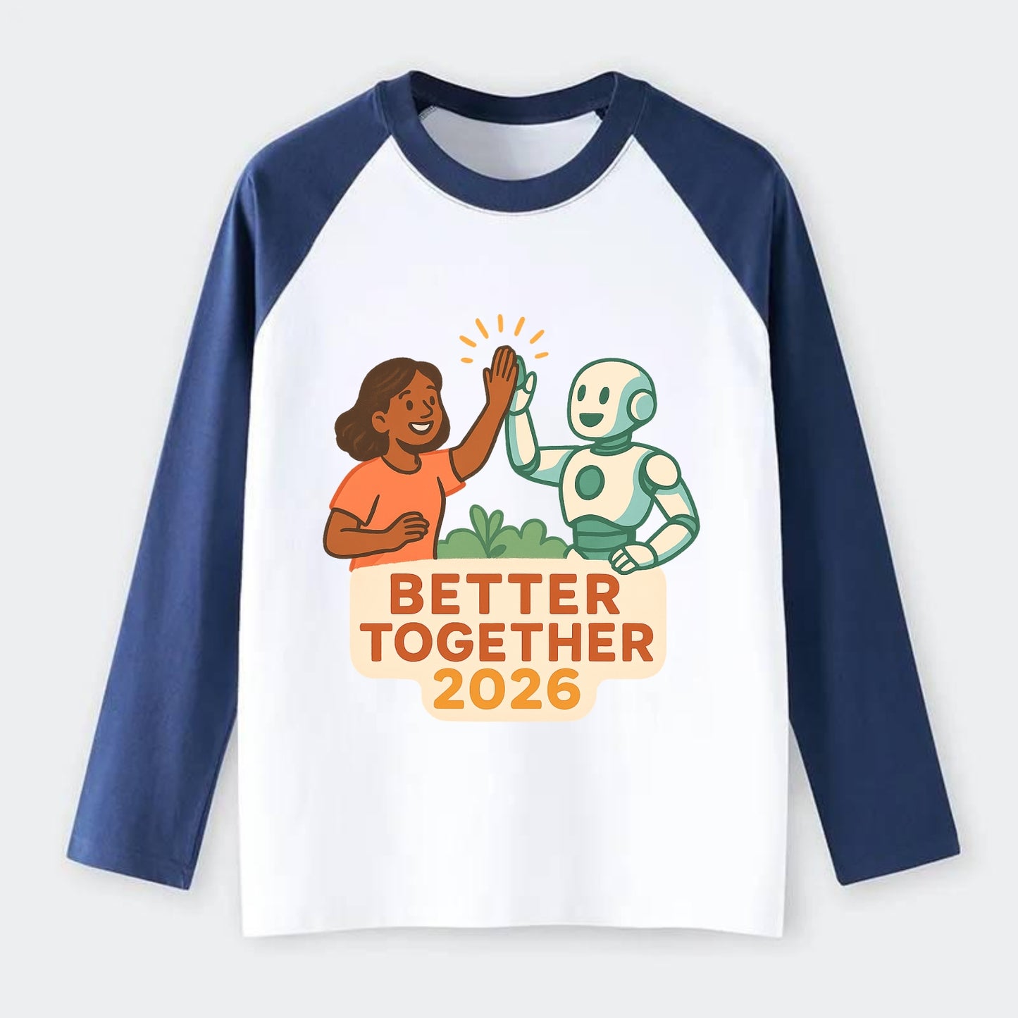 Human and AI robot high-fiving as collaborative partners - "Better - Raglan Long Sleeve T-Shirt - Blue