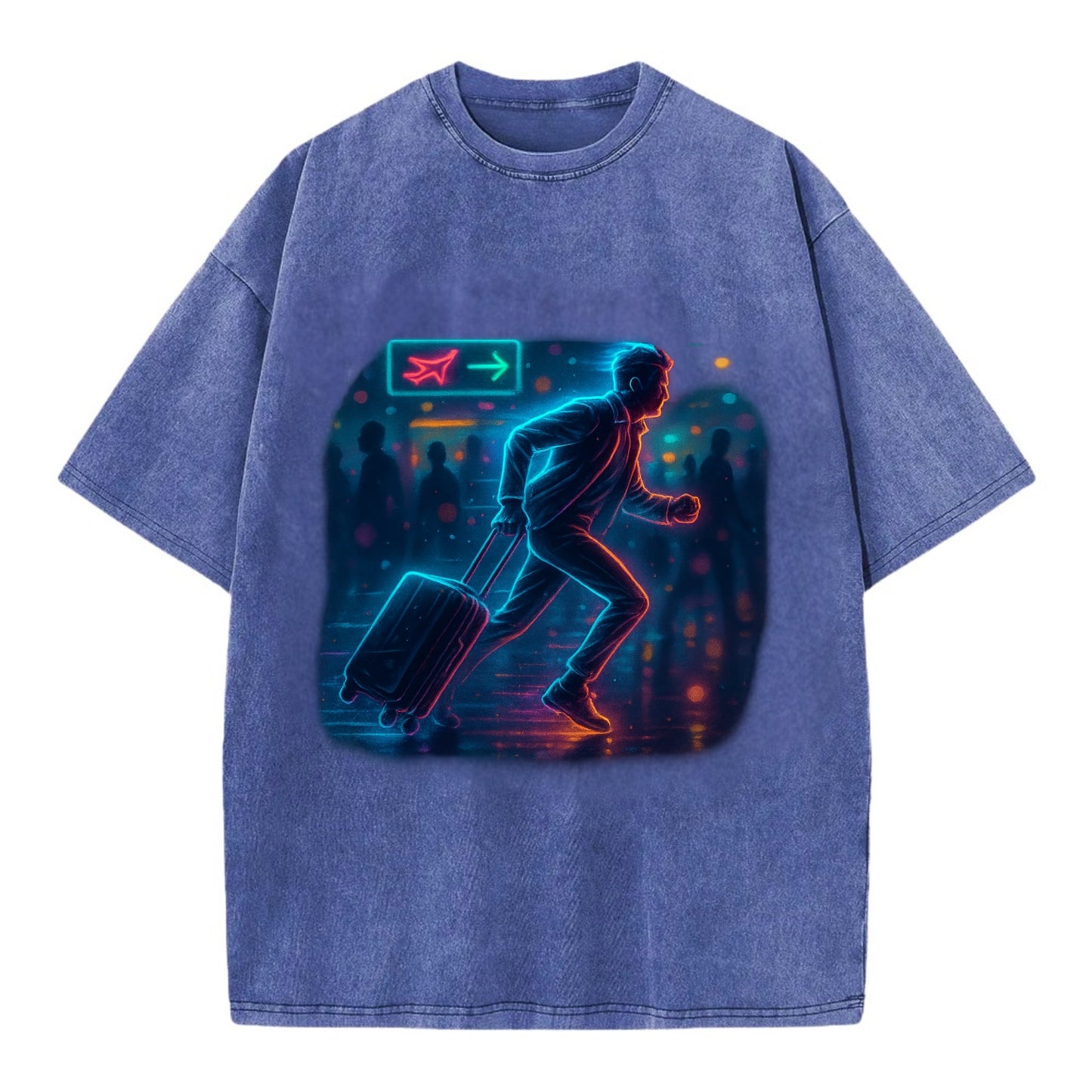 person running with luggage through crowded airport terminal - Vintage T-shirt - Blue