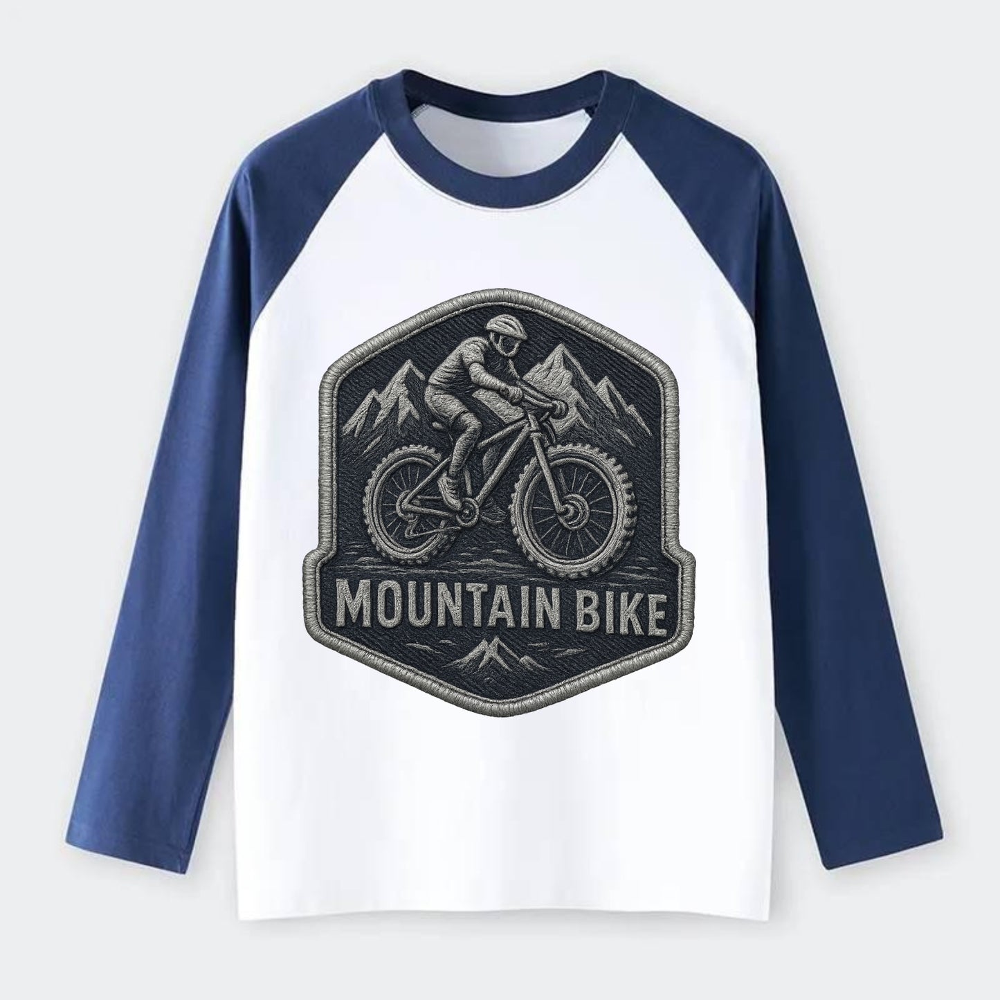 Mountain bike with rugged tires - cyclist badge - Raglan Long Sleeve T-Shirt - Blue