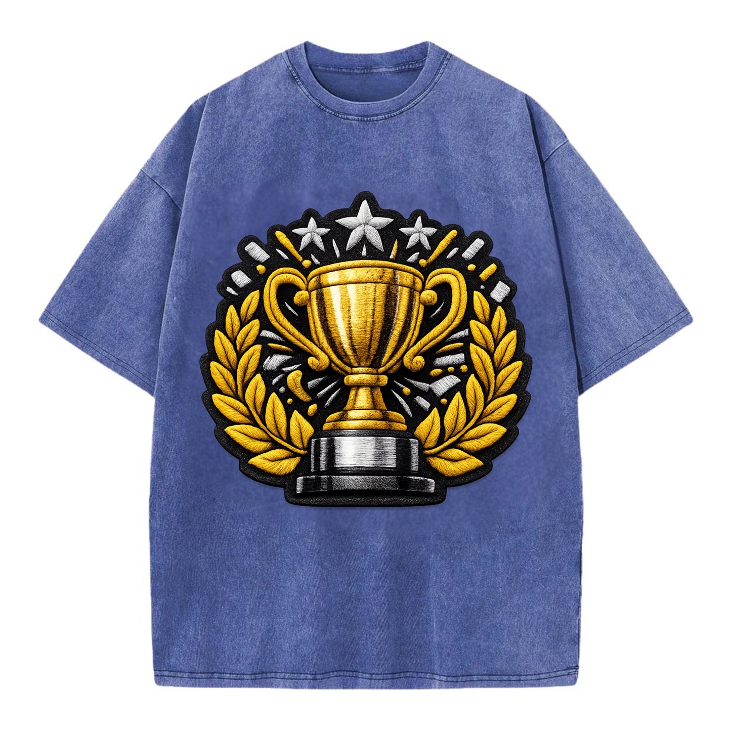 Embroidered patch design - CHAMPIONSHIP TROPHY - golden trophy cup with laurels - Vintage T-shirt - Blue