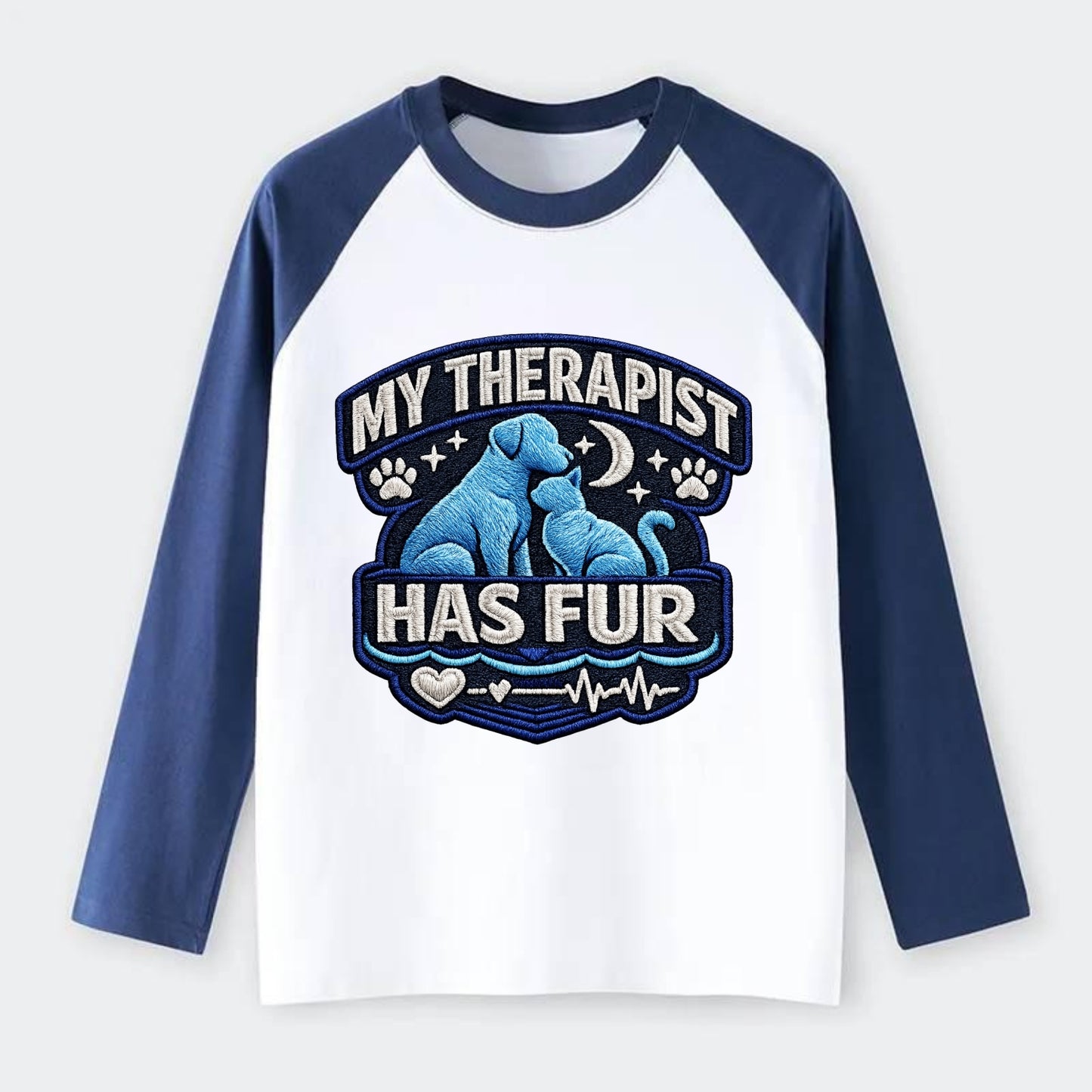 MY THERAPIST HAS FUR - pet silhouette in calming blue , emotional - Raglan Long Sleeve T-Shirt - Blue
