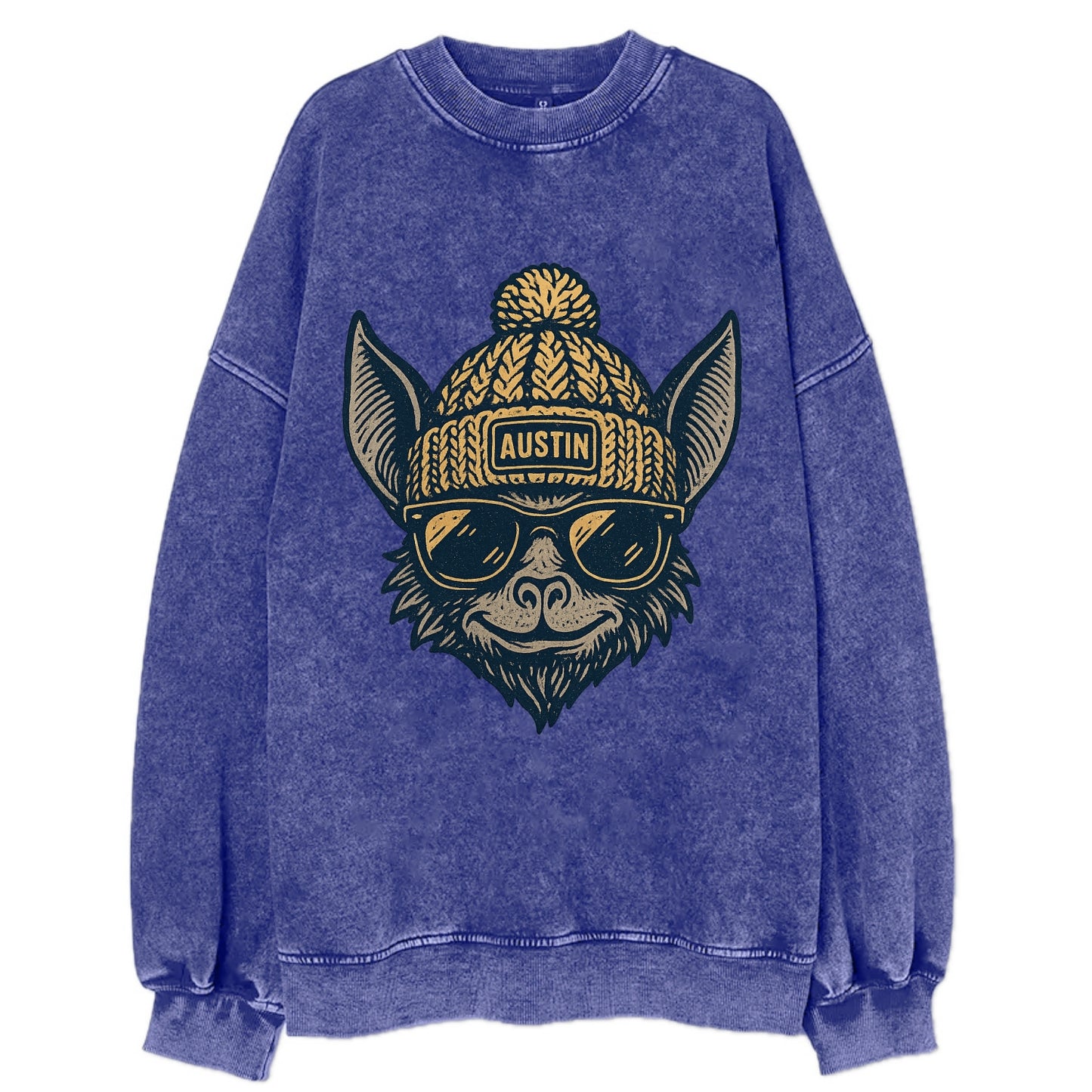 Austin Bat wearing Austin beanie with pom pom and wayfarer sunglasses - Vintage Sweatshirt - Blue