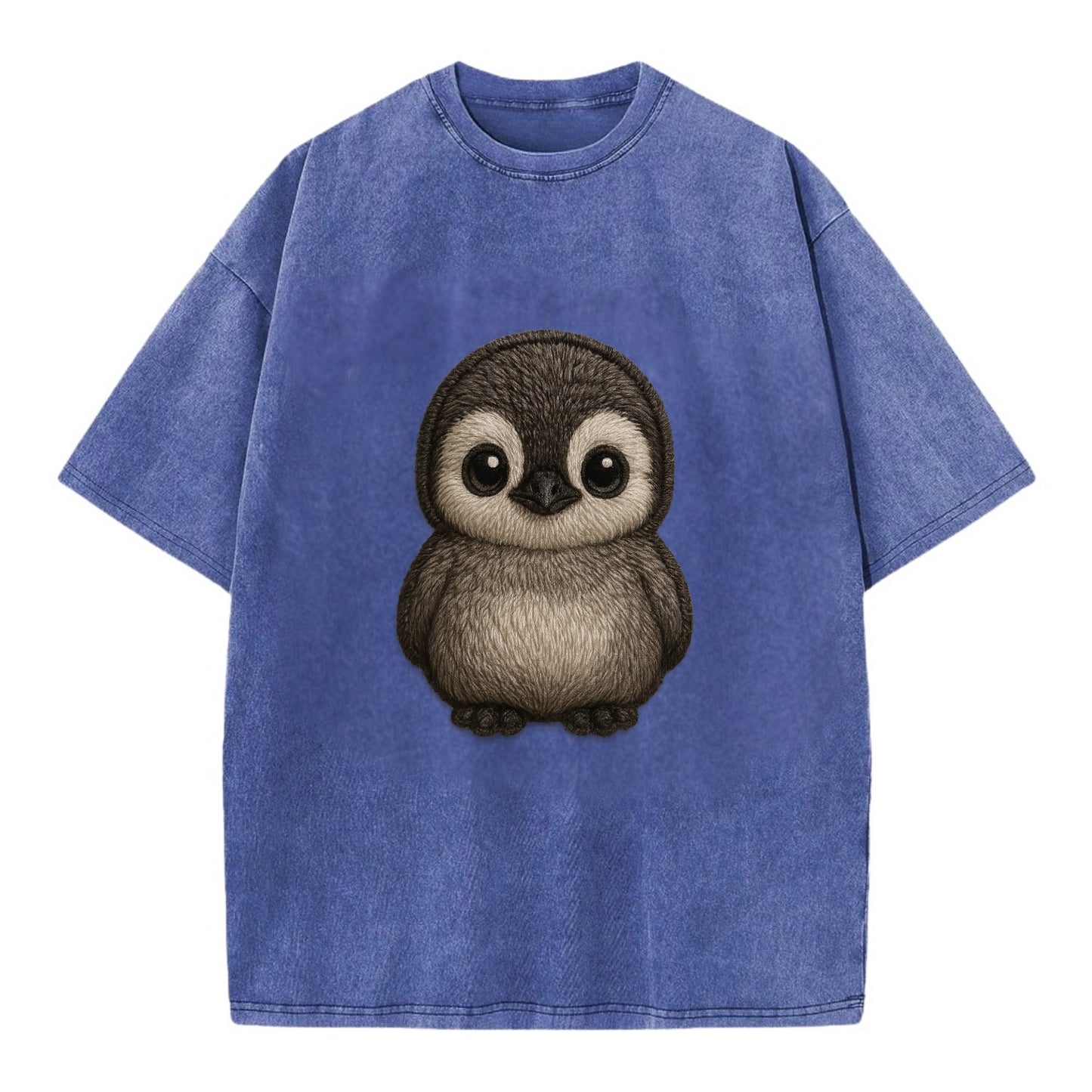 Baby Penguin Chick - gray fluffy, white face, round body, front-facing, tuxedo - Vintage T-shirt - Blue