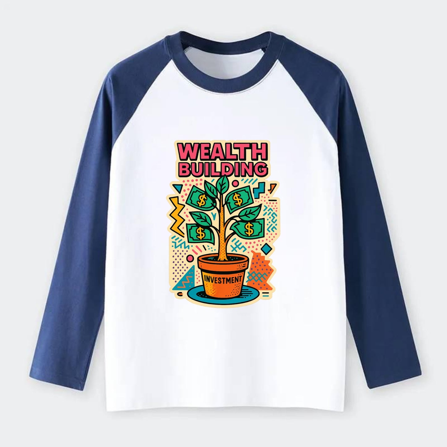 Money tree growing from investment pot - financial independence - Raglan Long Sleeve T-Shirt - Blue