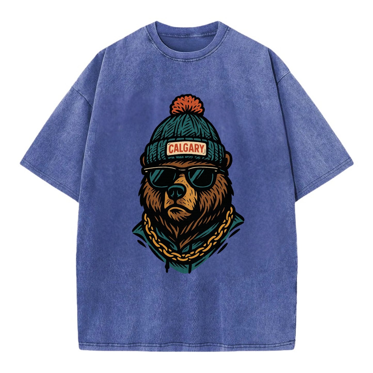Calgary Grizzly Bear wearing Calgary beanie with pom pom and wayfarer sunglasses - Vintage T-shirt - Blue
