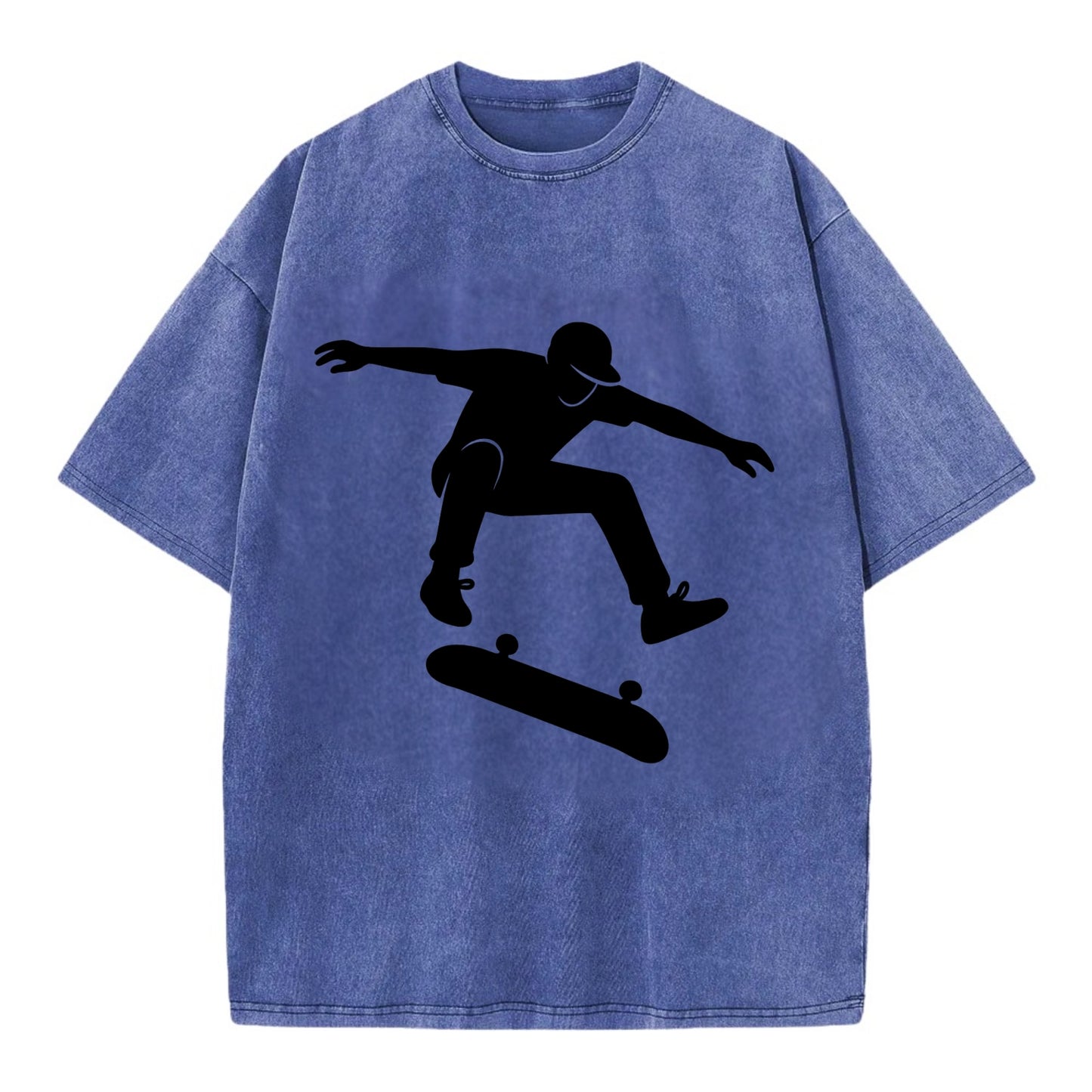 Skateboarder doing kickflip trick - Vintage T-shirt - Blue