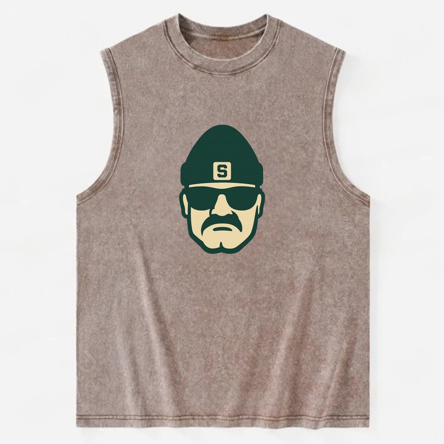 East Lansing Spartan wearing Michigan State beanie with S patch - Vintage Washed Tank - Brown