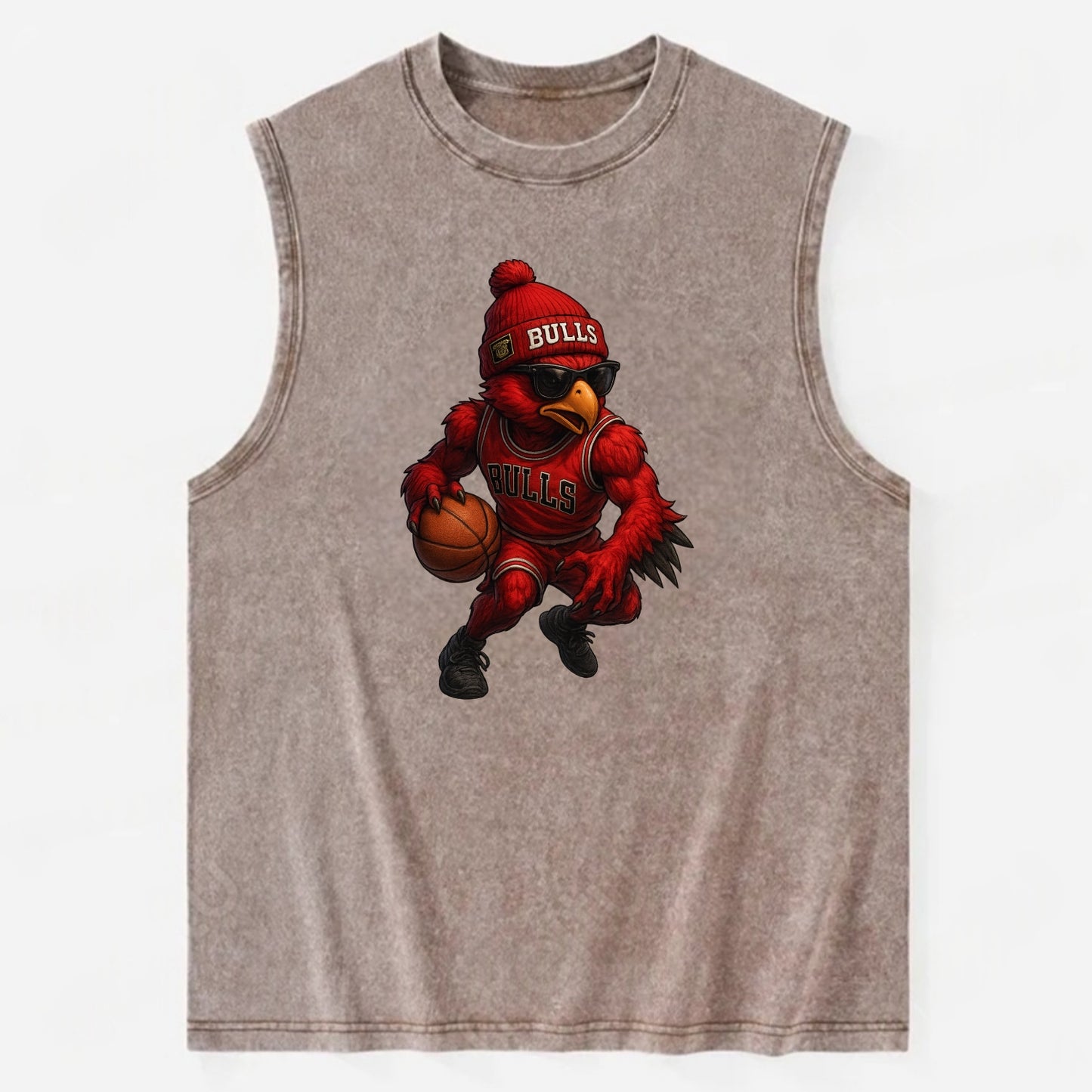 Windy City Hawk wearing Bulls beanie with six rings patch and wayfarer - Vintage Washed Tank - Brown