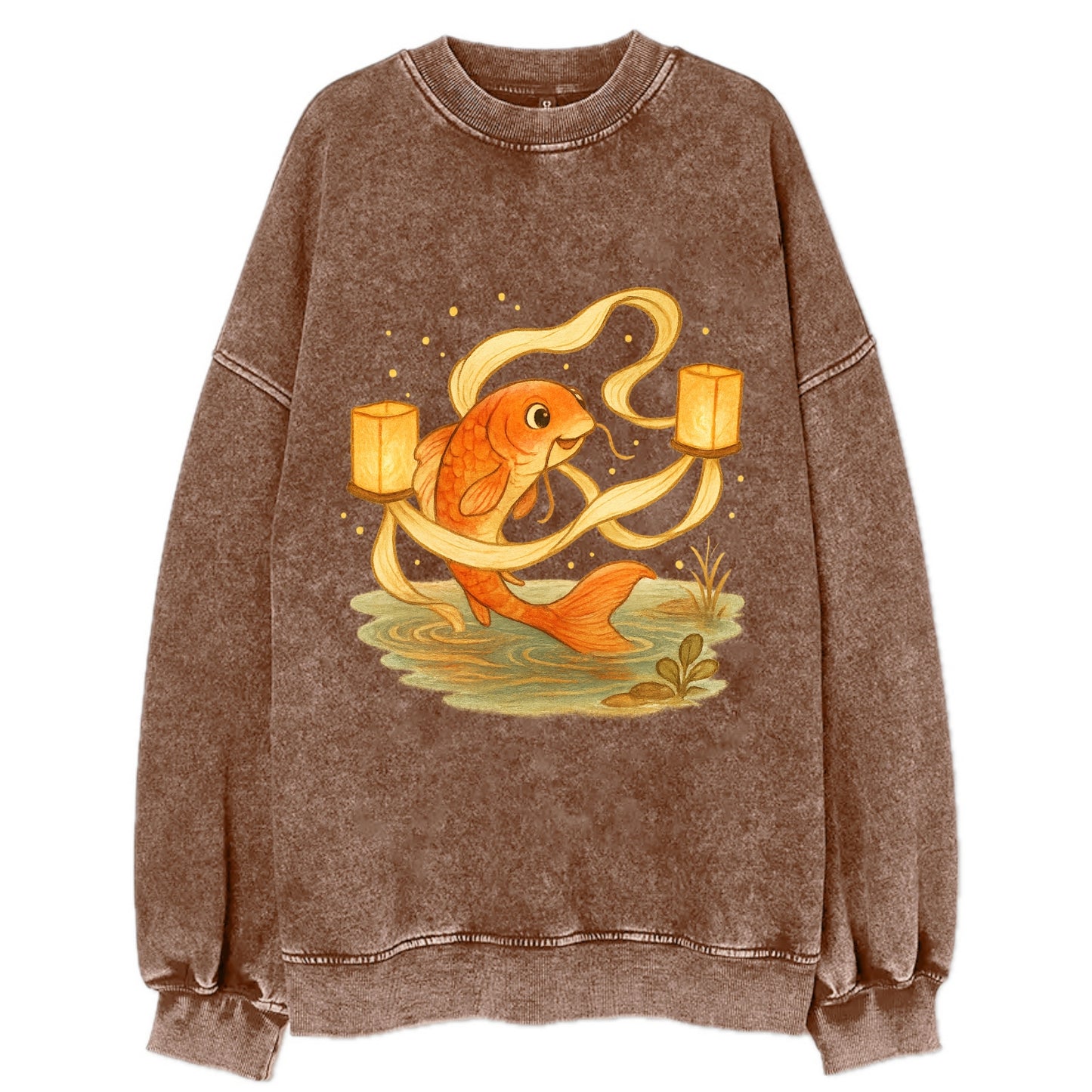 Koi weaving silk streamers through floating lanterns on tranquil water - Vintage Sweatshirt - Brown