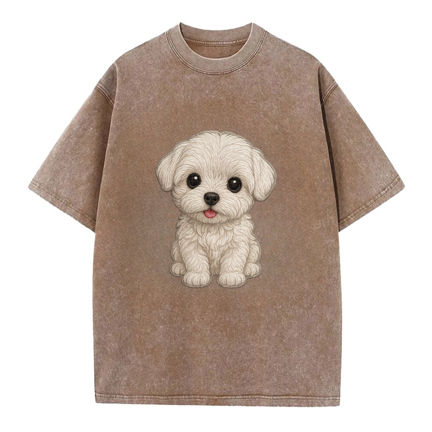 Baby Maltese Puppy - pure white silky coat, black button eyes, tiny nose, - Vintage T-shirt - Brown
