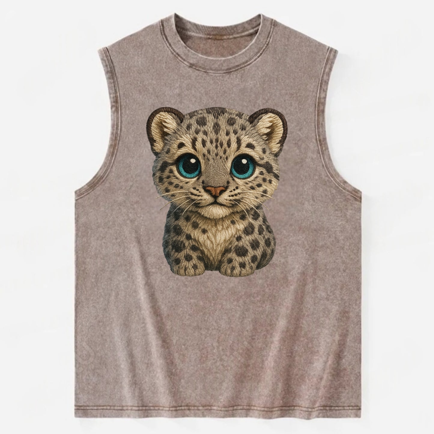 Baby Snow Leopard Cub - gray spotted, thick fur, blue-green eyes, - Vintage Washed Tank - Brown