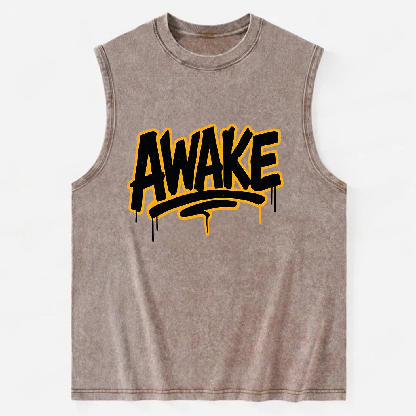 Bold typography design - "AWAKE" - conscious, aware, alert - Vintage Washed Tank - Brown