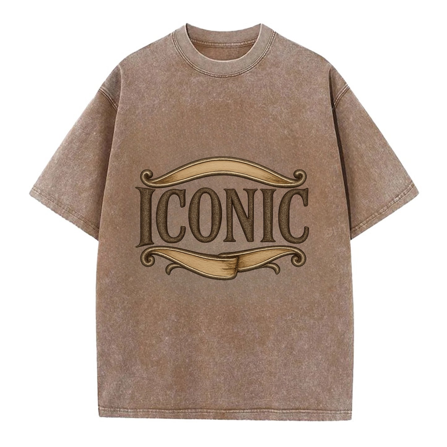 Bold typography design - "ICONIC" - instantly recognizable, trendsetter - Vintage T-shirt - Brown