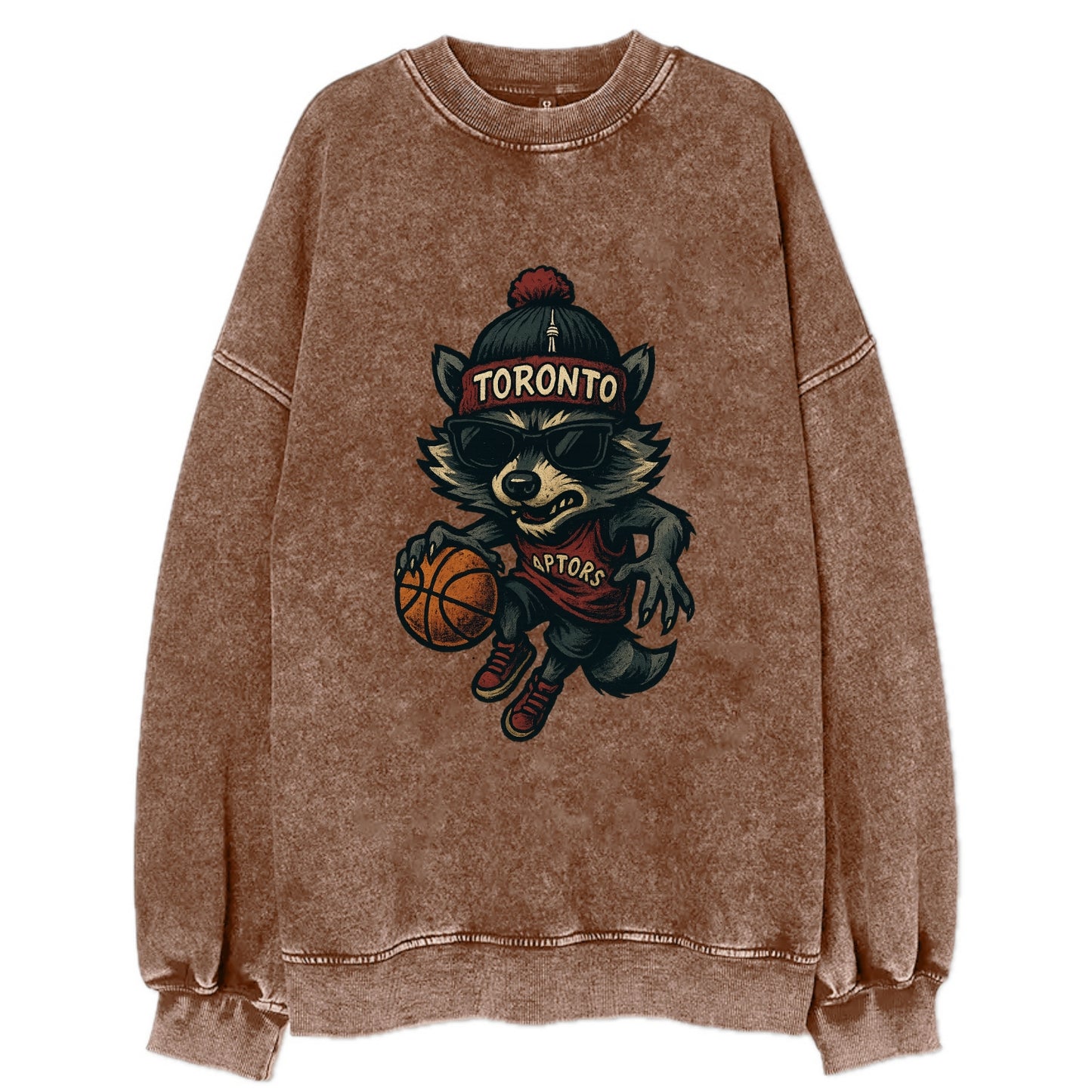 Toronto Raccoon wearing Raptors beanie with CN Tower patch and wayfarer - Vintage Sweatshirt - Brown
