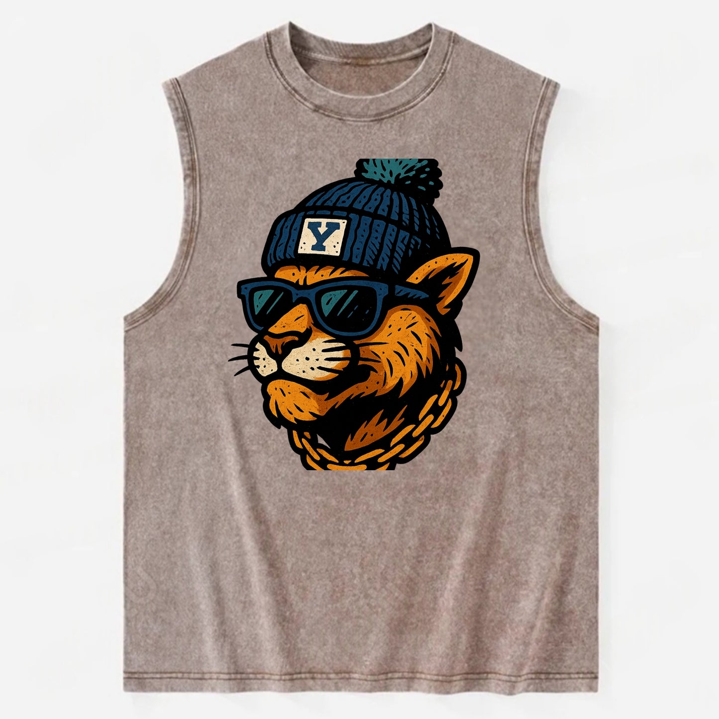 Provo Cougar wearing BYU beanie with Y patch - Vintage Washed Tank - Brown