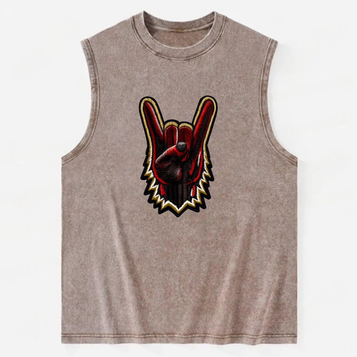 ROCK HAND HORNS - devil horns hand gesture in black and red , metal music - Vintage Washed Tank - Brown