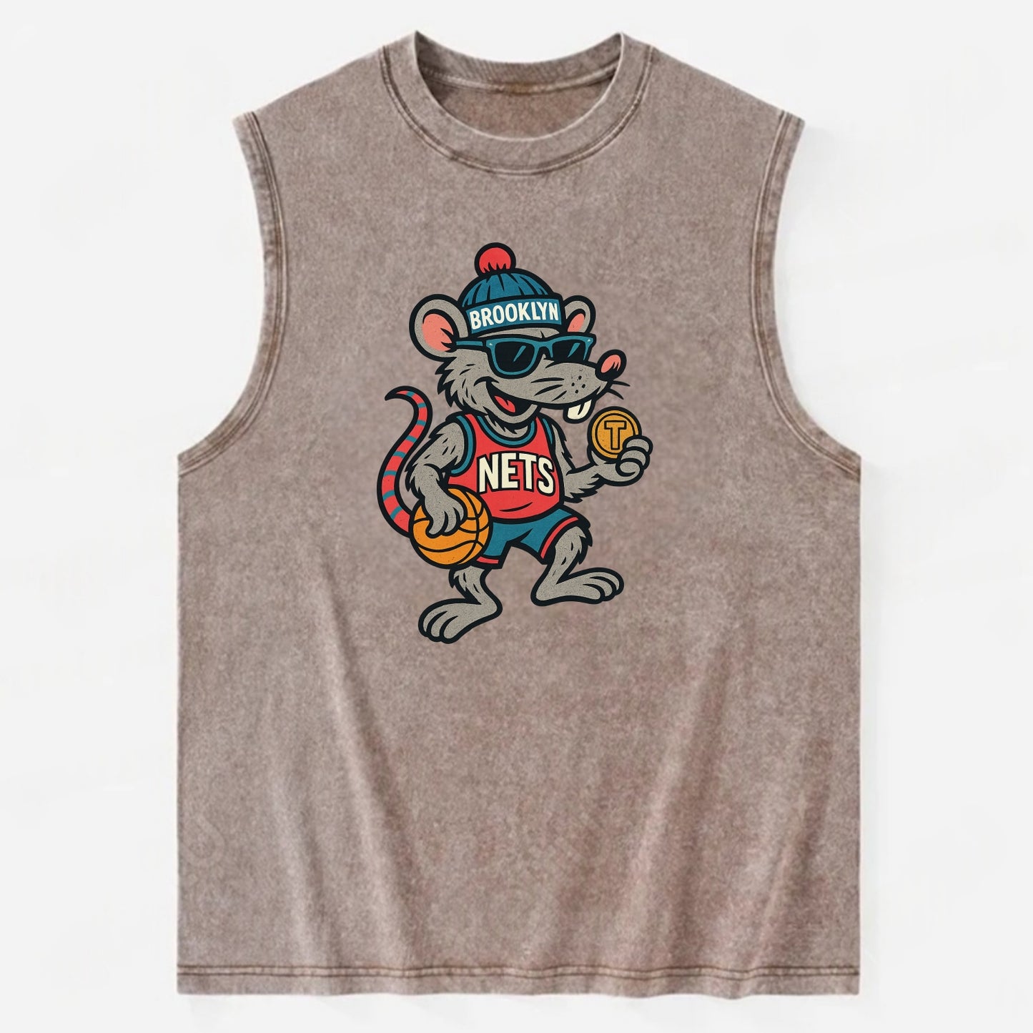 Brooklyn Rat wearing Nets beanie with subway token and wayfarer sunglasses - Vintage Washed Tank - Brown
