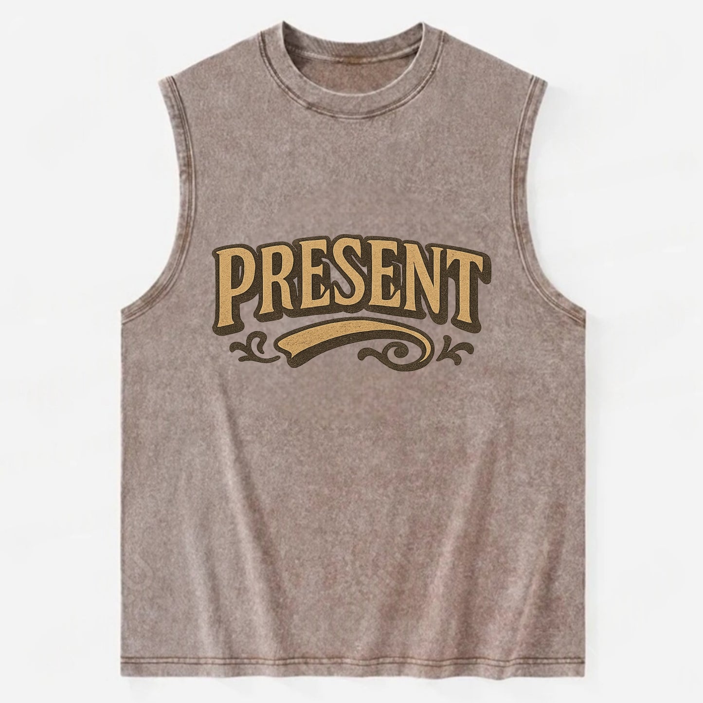 Bold typography design - "PRESENT" - living in the now - Vintage Washed Tank - Brown