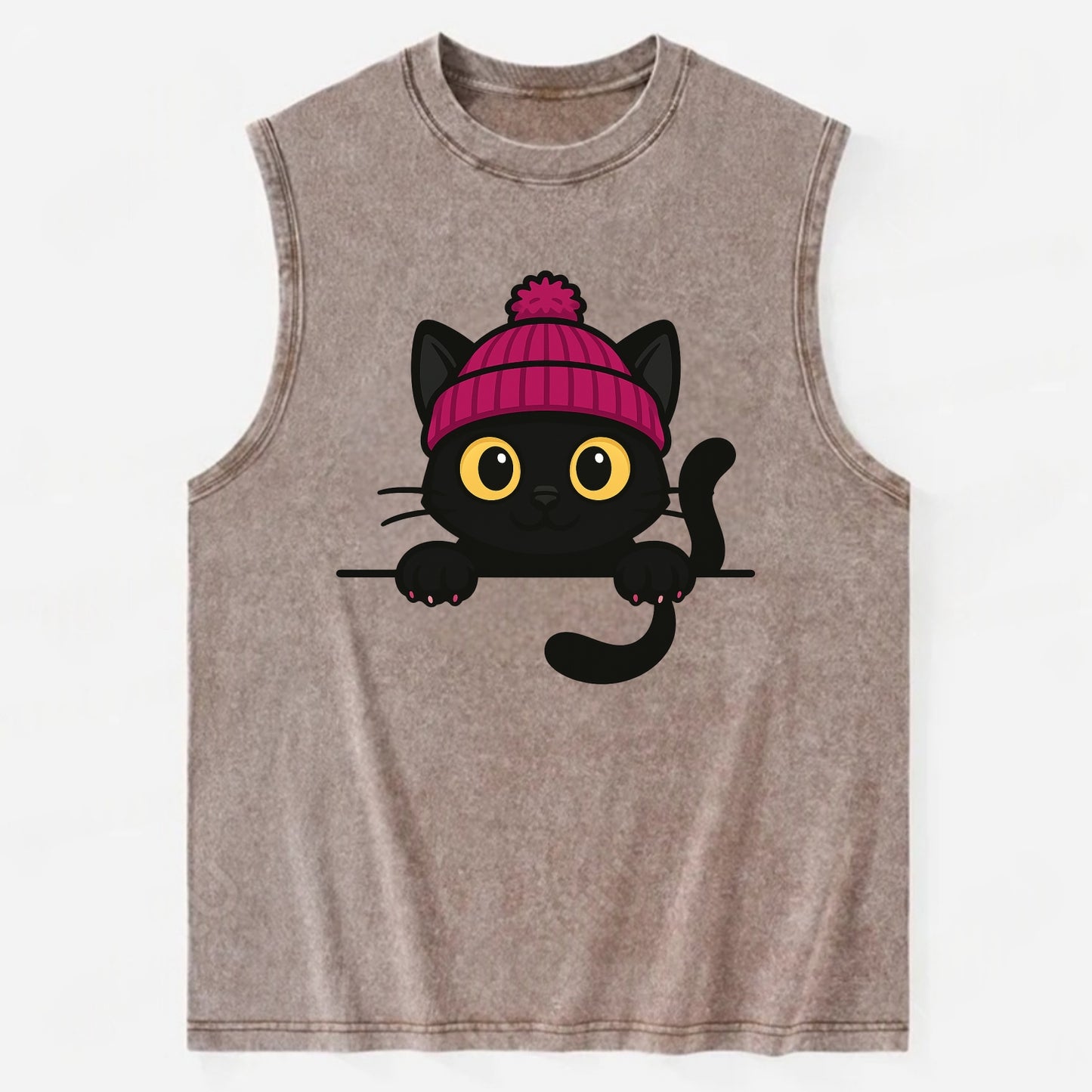 Midnight the black cat holding a tiny book labeled secrets against the ledge. - Vintage Washed Tank - Brown