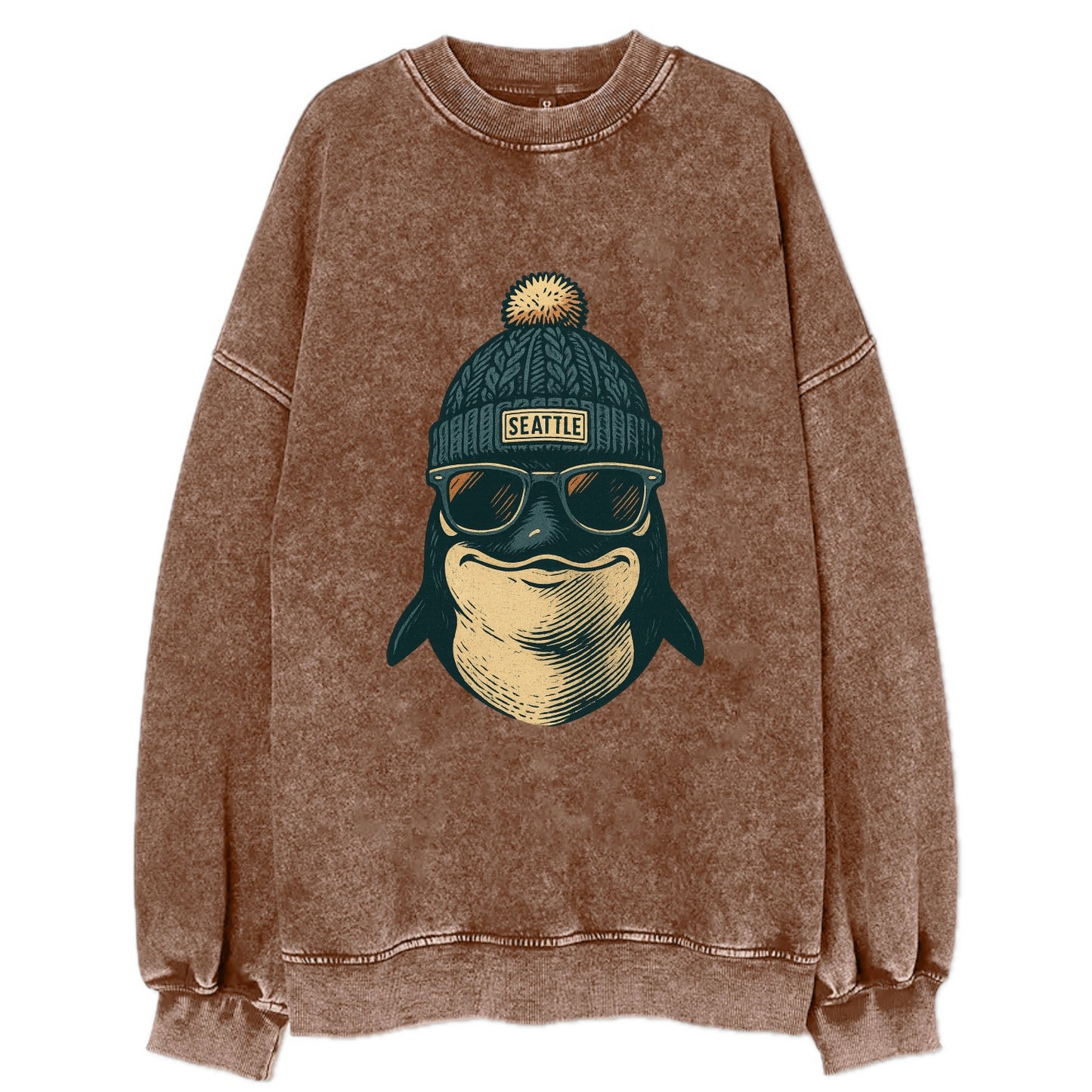 Washington Orca wearing Seattle beanie with pom pom and wayfarer sunglasses - Vintage Sweatshirt - Brown