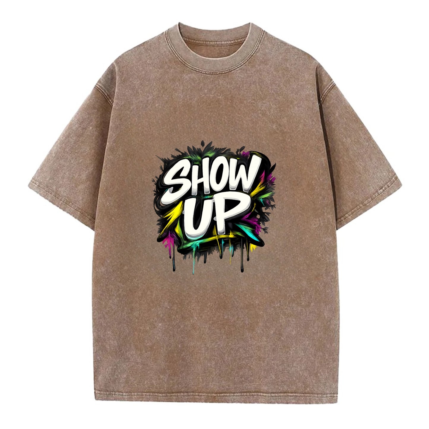 Bold typography design - "SHOW UP" - be present, arrive ready - Vintage T-shirt - Brown