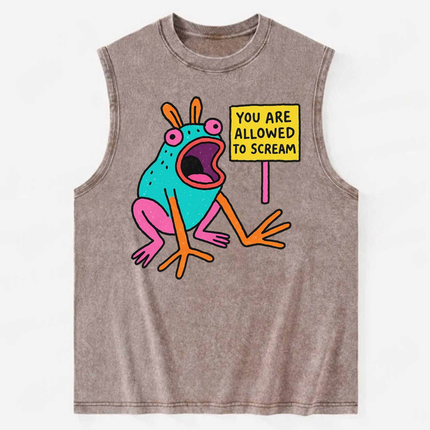 YOU ARE ALLOWED TO SCREAM | Open-mouthed frog mid-scream - Vintage Washed Tank - Brown